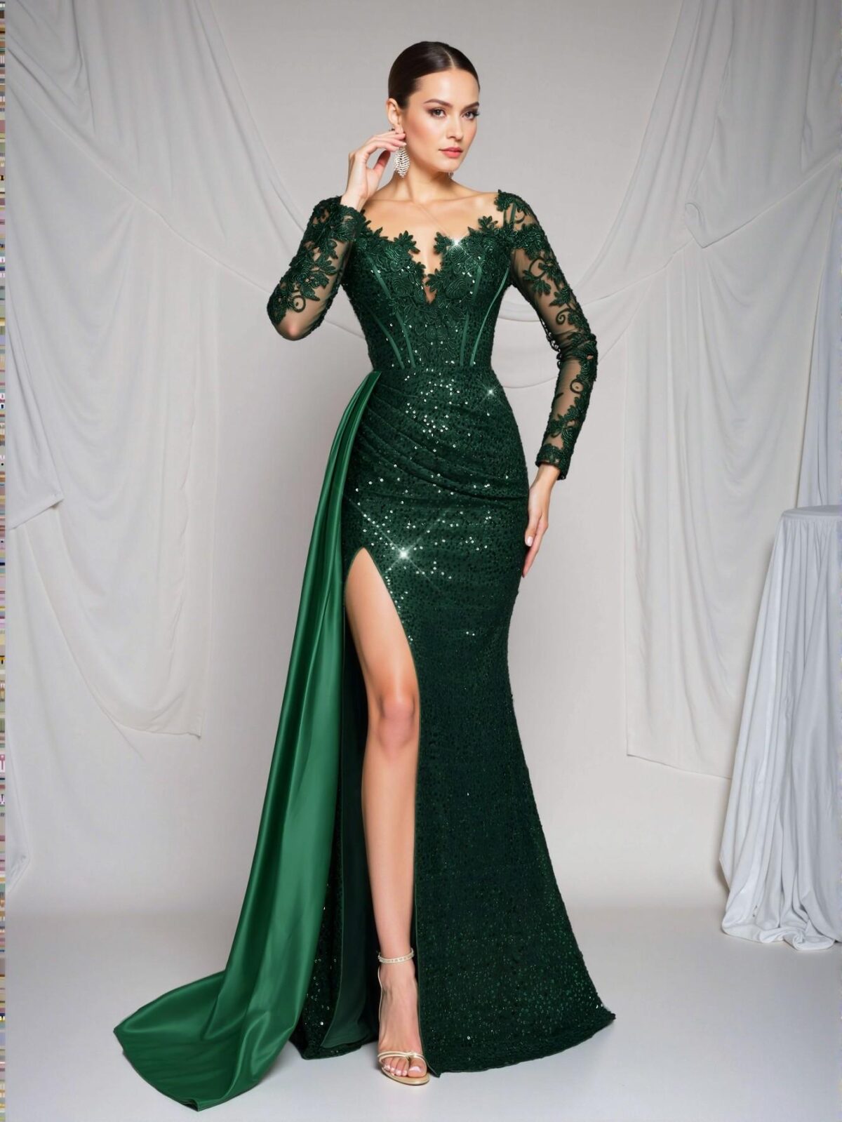 Elegant Dark Green Glamrae Embroidered Sequin Lace Satin Ruched Slit Fishtail Maxi Dress with Train, Ideal for Weddings, Formal Events, Parties, and Special Occasions. Perfect for party, prom, graduation day, and ceremony for university, college, and high school, Formal Evening Dinner Cocktail, Wedding Guest Gown, Chic, Classy and Trendy Fashion Style to Dress to Impress. - Image 2