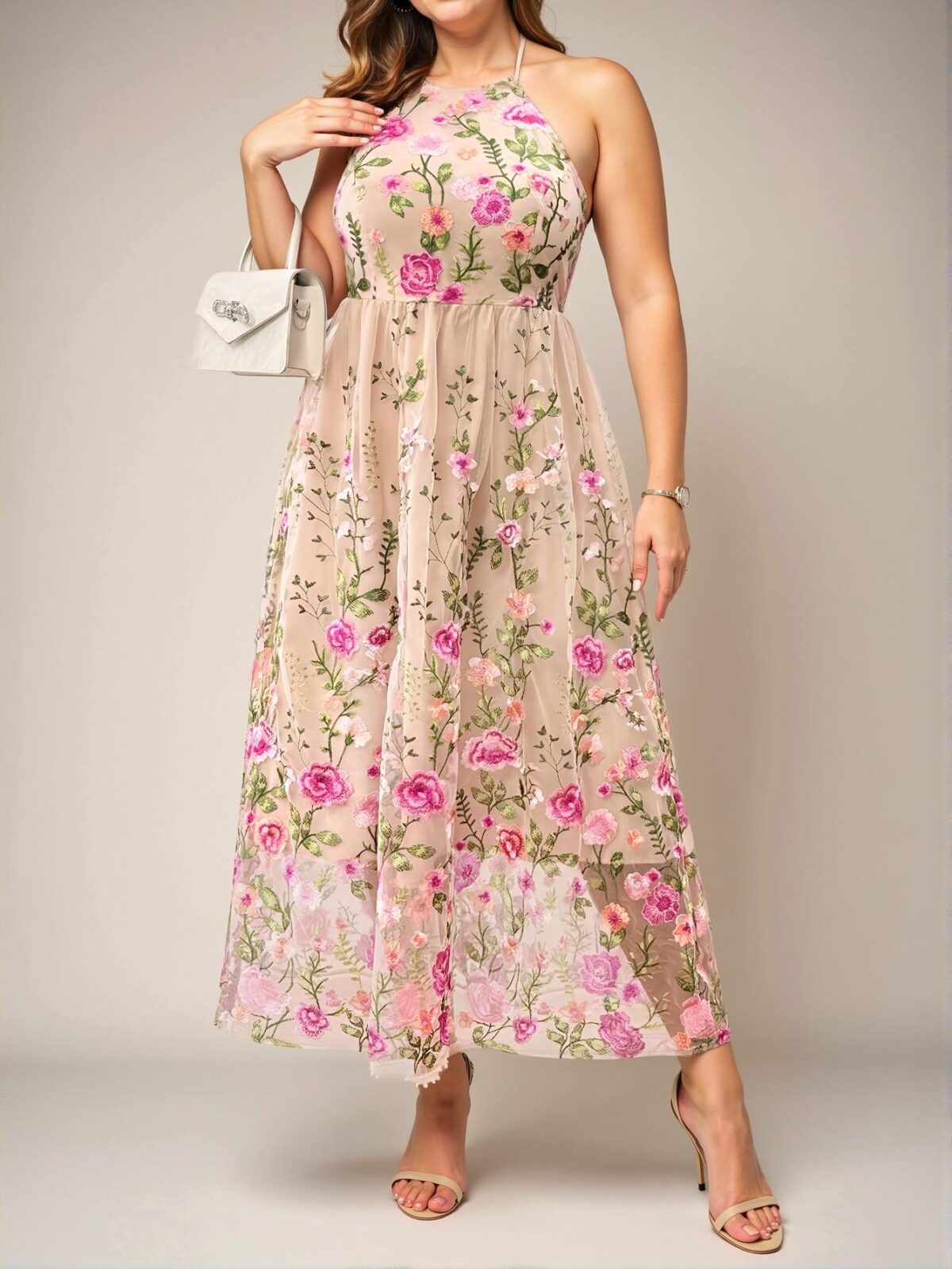 Elegant Apricot Stylish Plus Size Floral Embroidery Halter Backless Casual Sleeveless Dress for Spring and Summer Chic, Classy and Trendy Fashion Style to Dress to Impress - Image 3