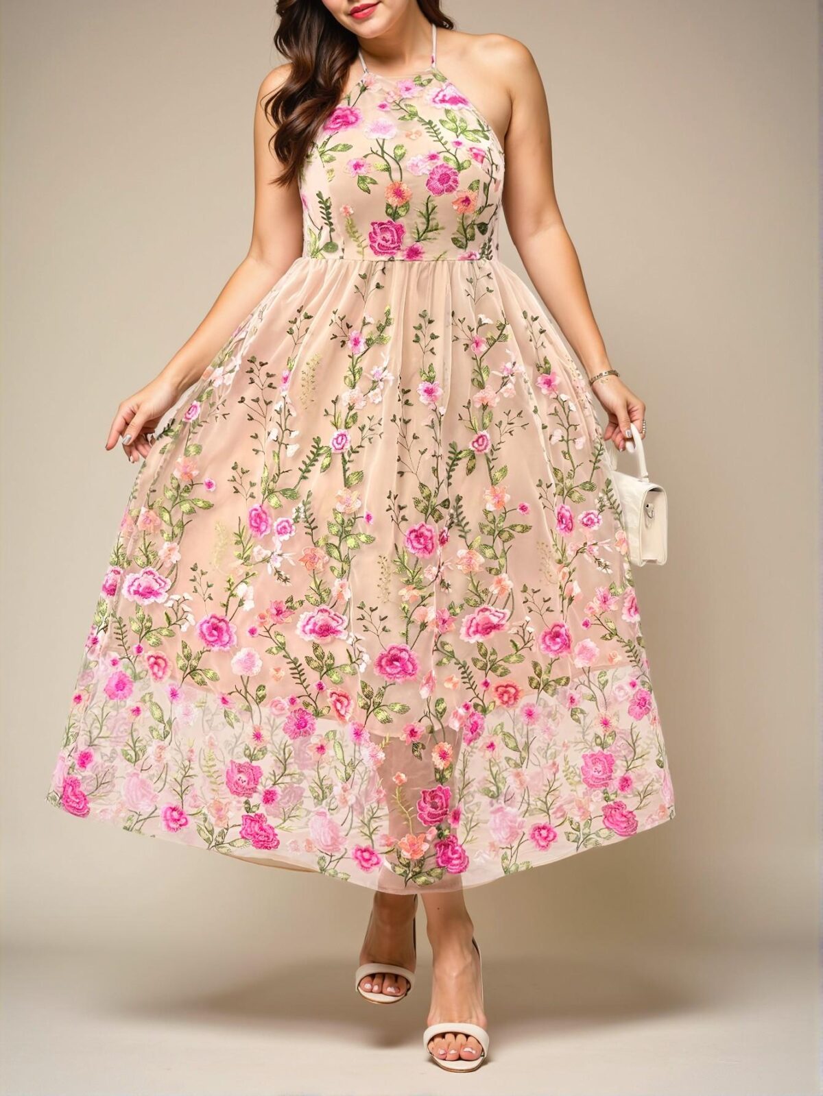 Elegant Apricot Stylish Plus Size Floral Embroidery Halter Backless Casual Sleeveless Dress for Spring and Summer Chic, Classy and Trendy Fashion Style to Dress to Impress - Image 4