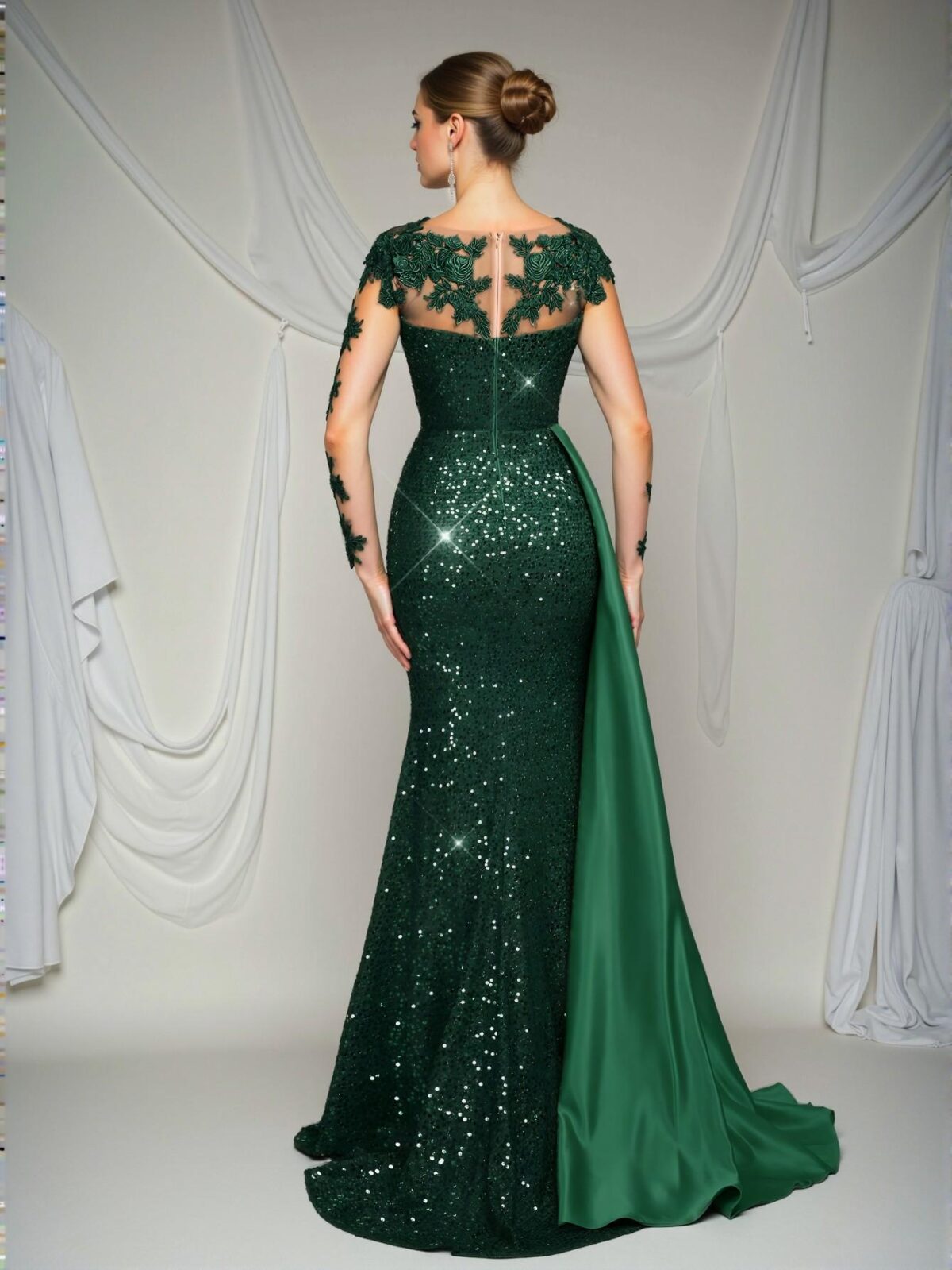 Elegant Dark Green Glamrae Embroidered Sequin Lace Satin Ruched Slit Fishtail Maxi Dress with Train, Ideal for Weddings, Formal Events, Parties, and Special Occasions. Perfect for party, prom, graduation day, and ceremony for university, college, and high school, Formal Evening Dinner Cocktail, Wedding Guest Gown, Chic, Classy and Trendy Fashion Style to Dress to Impress. - Image 3