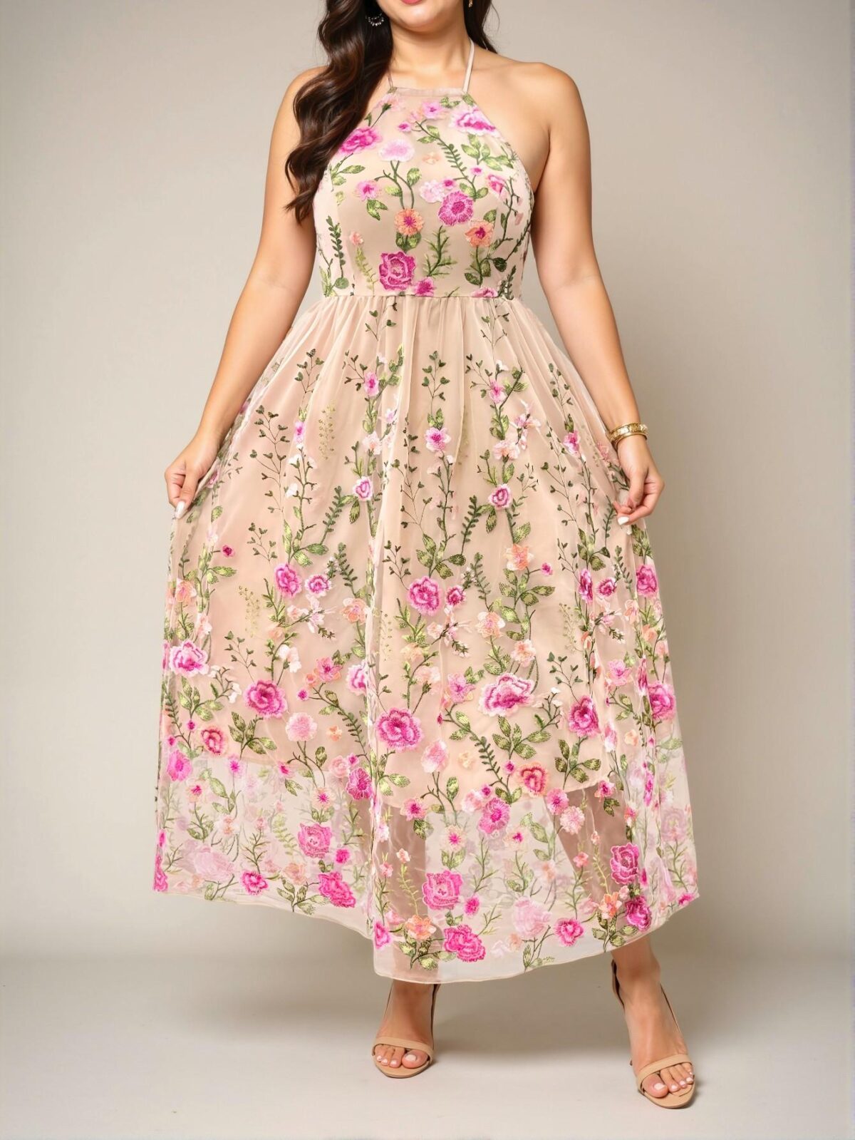 Elegant Apricot Stylish Plus Size Floral Embroidery Halter Backless Casual Sleeveless Dress for Spring and Summer Chic, Classy and Trendy Fashion Style to Dress to Impress - Image 5