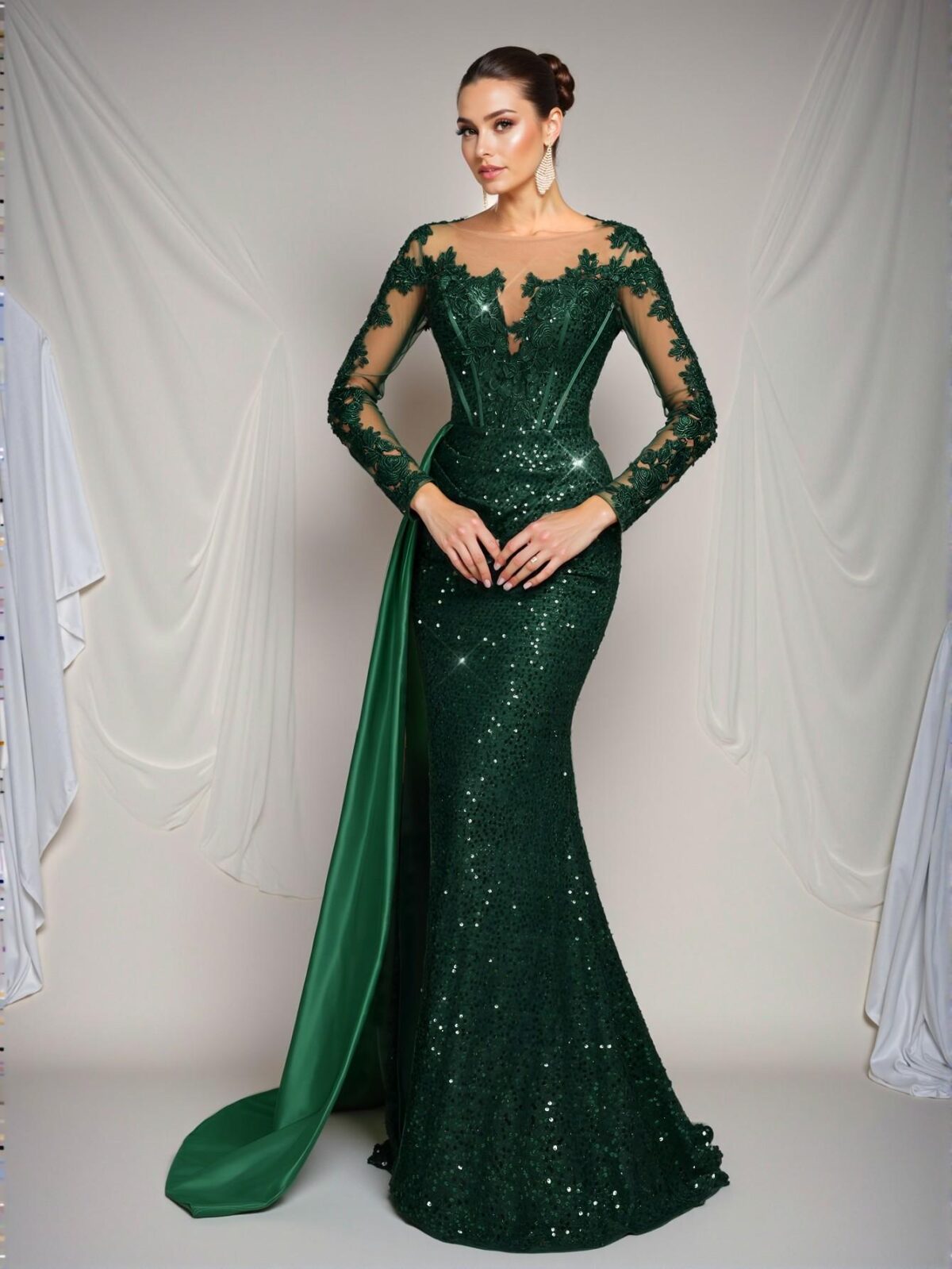 Elegant Dark Green Glamrae Embroidered Sequin Lace Satin Ruched Slit Fishtail Maxi Dress with Train, Ideal for Weddings, Formal Events, Parties, and Special Occasions. Perfect for party, prom, graduation day, and ceremony for university, college, and high school, Formal Evening Dinner Cocktail, Wedding Guest Gown, Chic, Classy and Trendy Fashion Style to Dress to Impress. - Image 5