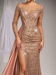 Elegant Dusty Pink Embroidered Lace and Sequin-Embellished Satin Mermaid Dress with Train for Weddings and Formal Events - Perfect for party, prom, graduation day, and ceremony for university, college, and high school, Formal Evening Dinner Cocktail, Wedding Guest Gown, Chic, Classy and Trendy Fashion Style to Dress to Impress.