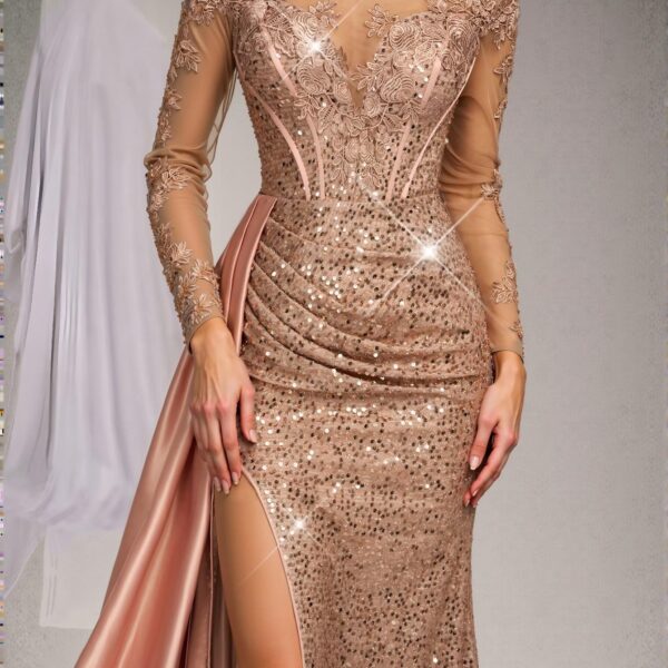 Elegant Dusty Pink Embroidered Lace and Sequin-Embellished Satin Mermaid Dress with Train for Weddings and Formal Events - Perfect for party, prom, graduation day, and ceremony for university, college, and high school, Formal Evening Dinner Cocktail, Wedding Guest Gown, Chic, Classy and Trendy Fashion Style to Dress to Impress.