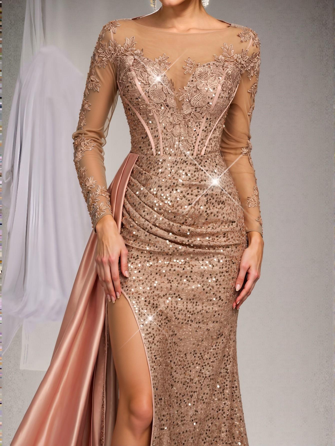 Elegant Dusty Pink Embroidered Lace and Sequin-Embellished Satin Mermaid Dress with Train for Weddings and Formal Events - Perfect for party, prom, graduation day, and ceremony for university, college, and high school, Formal Evening Dinner Cocktail, Wedding Guest Gown, Chic, Classy and Trendy Fashion Style to Dress to Impress.