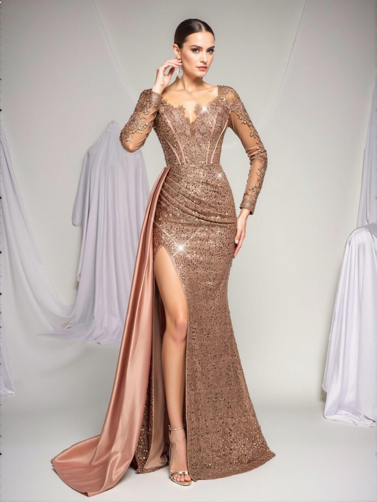Elegant Dusty Pink Embroidered Lace and Sequin-Embellished Satin Mermaid Dress with Train for Weddings and Formal Events - Perfect for party, prom, graduation day, and ceremony for university, college, and high school, Formal Evening Dinner Cocktail, Wedding Guest Gown, Chic, Classy and Trendy Fashion Style to Dress to Impress. - Image 2