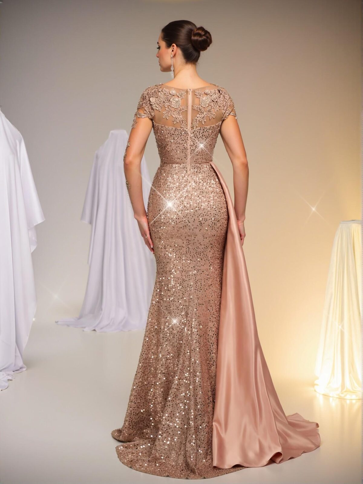 Elegant Dusty Pink Embroidered Lace and Sequin-Embellished Satin Mermaid Dress with Train for Weddings and Formal Events - Perfect for party, prom, graduation day, and ceremony for university, college, and high school, Formal Evening Dinner Cocktail, Wedding Guest Gown, Chic, Classy and Trendy Fashion Style to Dress to Impress. - Image 3