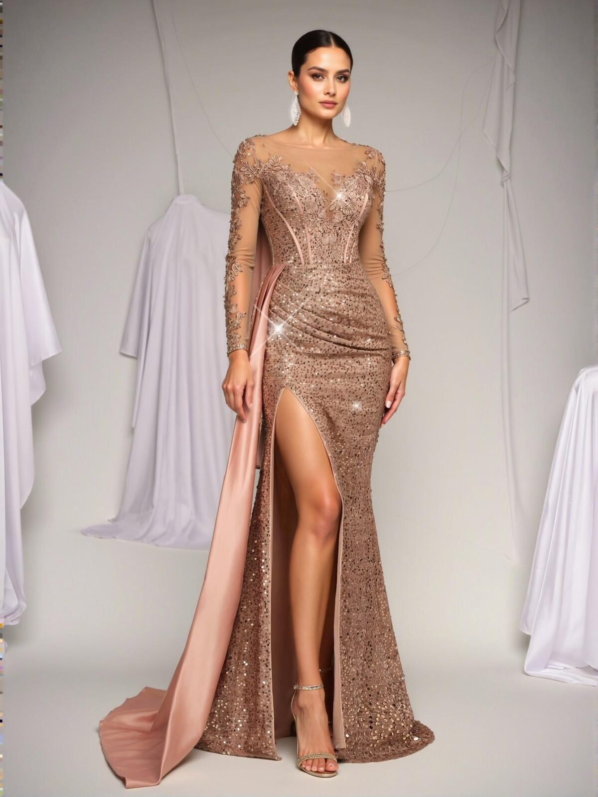 Elegant Dusty Pink Embroidered Lace and Sequin-Embellished Satin Mermaid Dress with Train for Weddings and Formal Events - Perfect for party, prom, graduation day, and ceremony for university, college, and high school, Formal Evening Dinner Cocktail, Wedding Guest Gown, Chic, Classy and Trendy Fashion Style to Dress to Impress. - Image 4