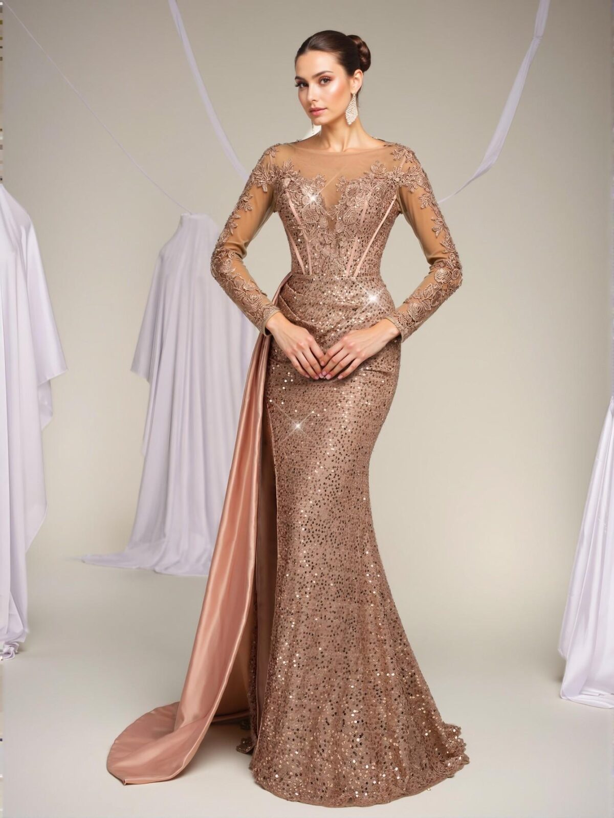 Elegant Dusty Pink Embroidered Lace and Sequin-Embellished Satin Mermaid Dress with Train for Weddings and Formal Events - Perfect for party, prom, graduation day, and ceremony for university, college, and high school, Formal Evening Dinner Cocktail, Wedding Guest Gown, Chic, Classy and Trendy Fashion Style to Dress to Impress. - Image 5