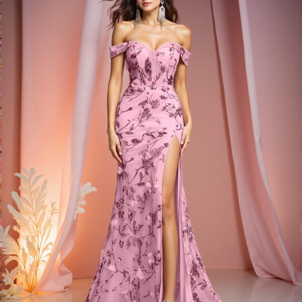 Elegant Baby Pink Stunning Off Shoulder V-Neck Sequin Floral 3D Design Mesh Backless Maxi Dress with High Side Slit & Adjustable Strap for Evening Events - Perfect for party, prom, graduation day, and ceremony for university, college, and high school, Formal Evening Dinner Cocktail, Wedding Guest Gown, Chic, Classy and Trendy Fashion Style to Dress to Impress.