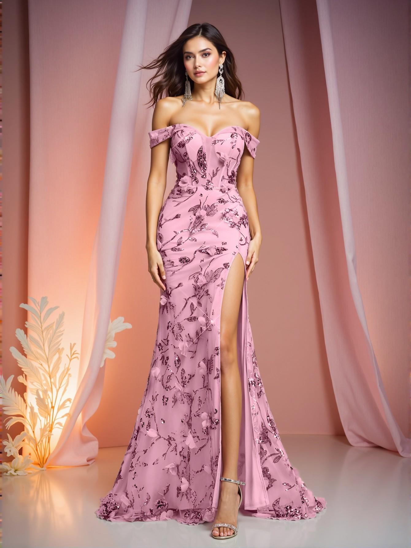 Elegant Baby Pink Stunning Off Shoulder V-Neck Sequin Floral 3D Design Mesh Backless Maxi Dress with High Side Slit & Adjustable Strap for Evening Events - Perfect for party, prom, graduation day, and ceremony for university, college, and high school, Formal Evening Dinner Cocktail, Wedding Guest Gown, Chic, Classy and Trendy Fashion Style to Dress to Impress.