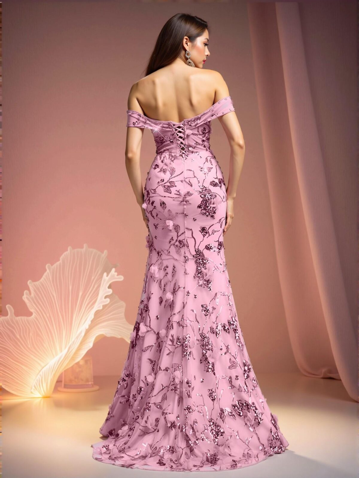 Elegant Baby Pink Stunning Off Shoulder V-Neck Sequin Floral 3D Design Mesh Backless Maxi Dress with High Side Slit & Adjustable Strap for Evening Events - Perfect for party, prom, graduation day, and ceremony for university, college, and high school, Formal Evening Dinner Cocktail, Wedding Guest Gown, Chic, Classy and Trendy Fashion Style to Dress to Impress. - Image 2