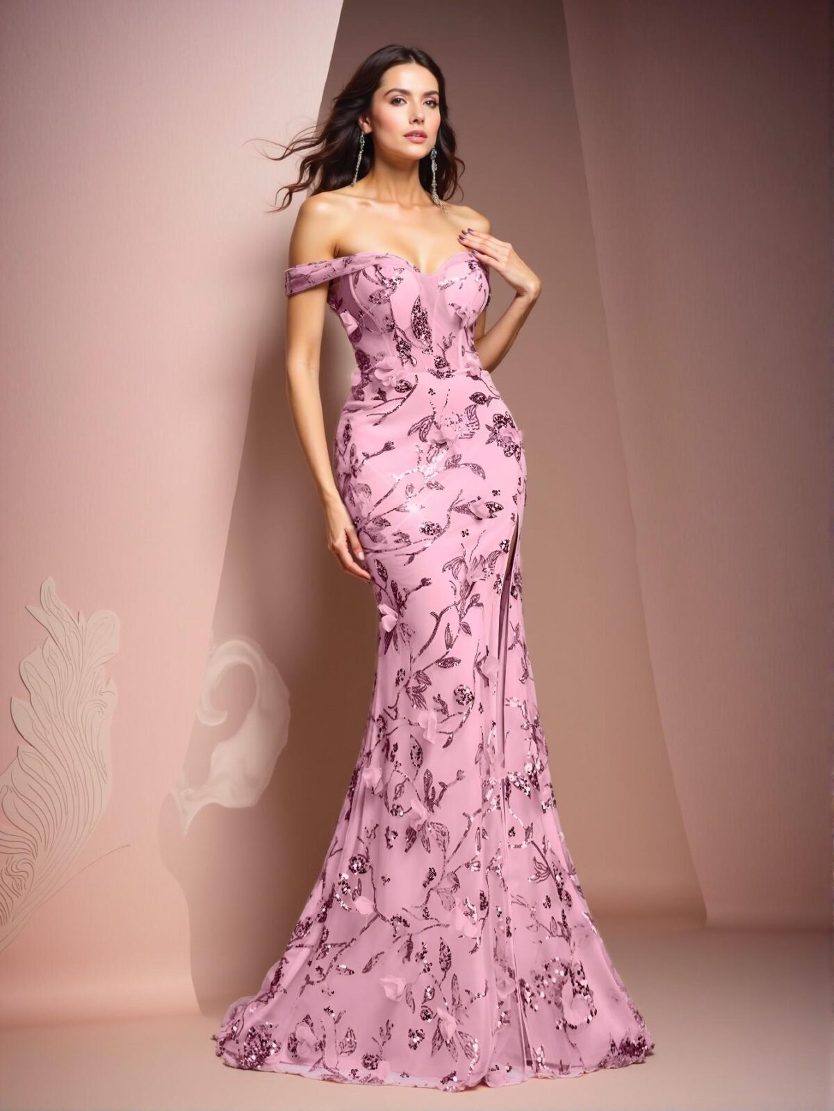 Elegant Baby Pink Stunning Off Shoulder V-Neck Sequin Floral 3D Design Mesh Backless Maxi Dress with High Side Slit & Adjustable Strap for Evening Events - Perfect for party, prom, graduation day, and ceremony for university, college, and high school, Formal Evening Dinner Cocktail, Wedding Guest Gown, Chic, Classy and Trendy Fashion Style to Dress to Impress. - Image 3