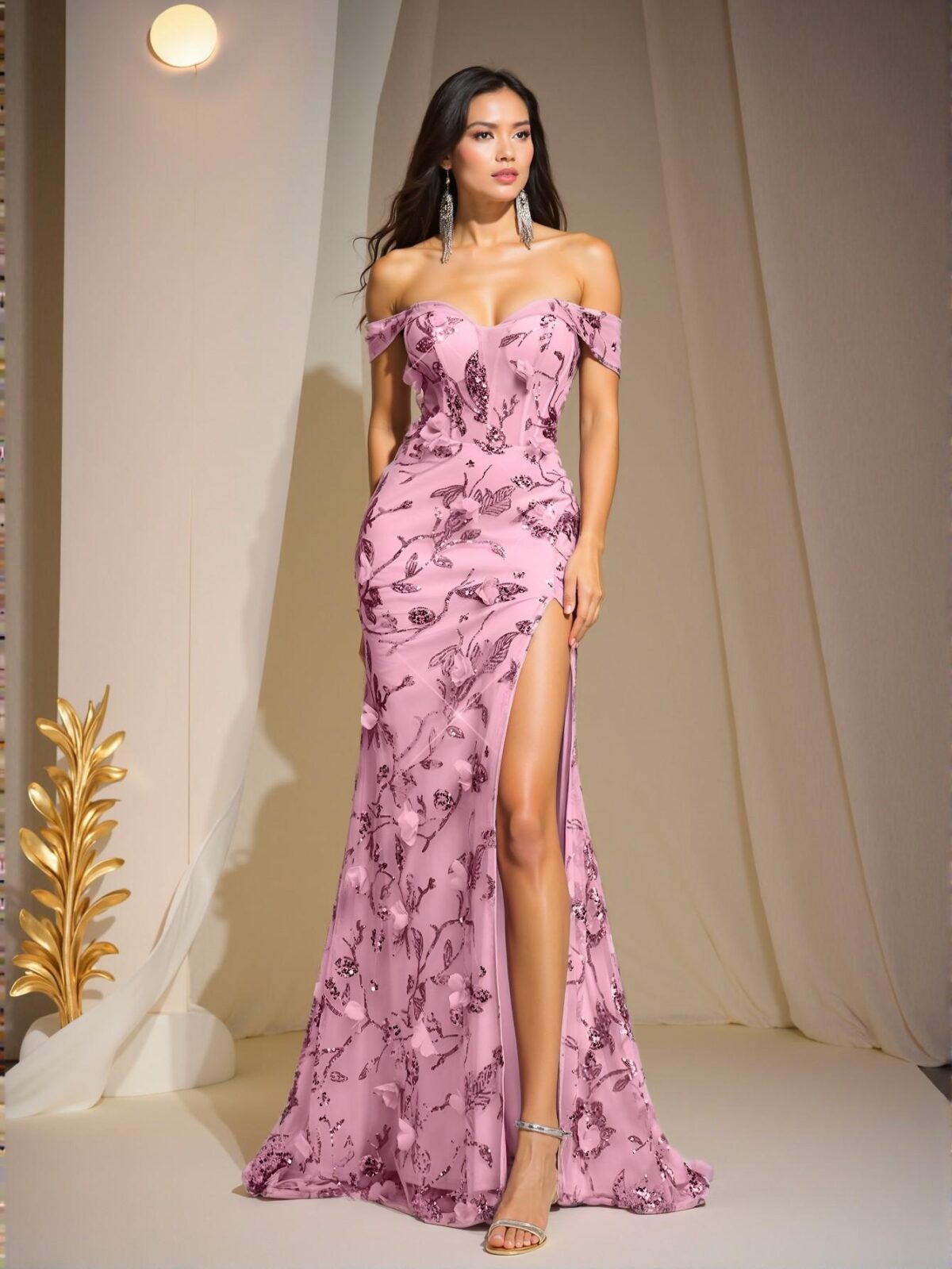 Elegant Baby Pink Stunning Off Shoulder V-Neck Sequin Floral 3D Design Mesh Backless Maxi Dress with High Side Slit & Adjustable Strap for Evening Events - Perfect for party, prom, graduation day, and ceremony for university, college, and high school, Formal Evening Dinner Cocktail, Wedding Guest Gown, Chic, Classy and Trendy Fashion Style to Dress to Impress. - Image 5