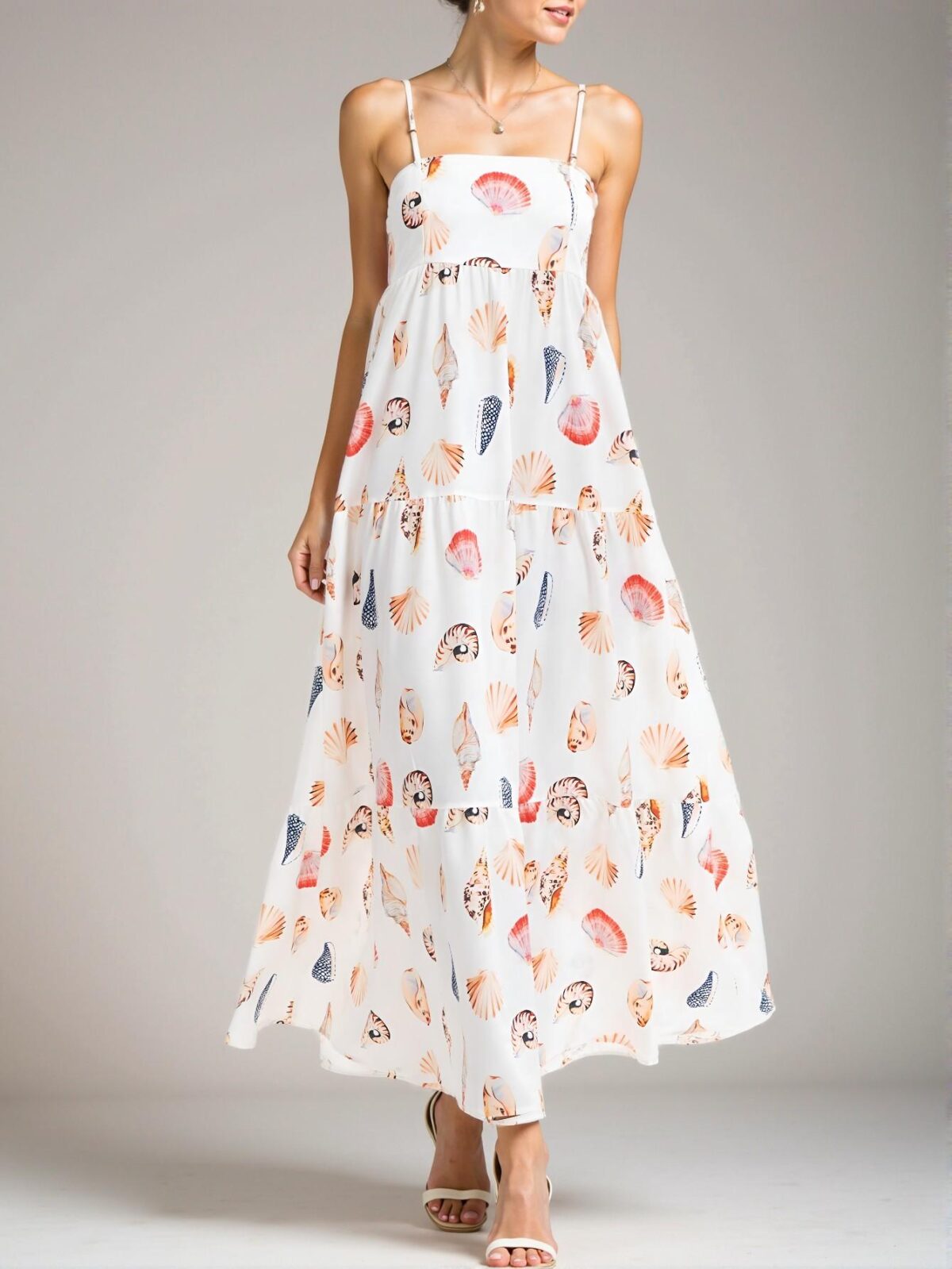 Elegant White Sleeveless Layered Shell & Seashell Print Pocket Dress for Spring and Summer - Chic, Classy and Trendy Fashion Style to Dress to Impress