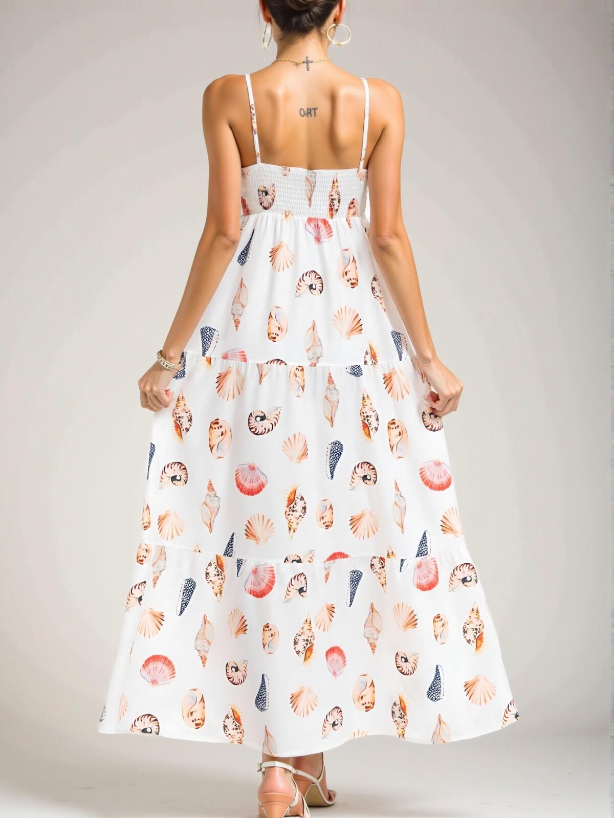 Elegant White Sleeveless Layered Shell & Seashell Print Pocket Dress for Spring and Summer - Chic, Classy and Trendy Fashion Style to Dress to Impress - Image 2
