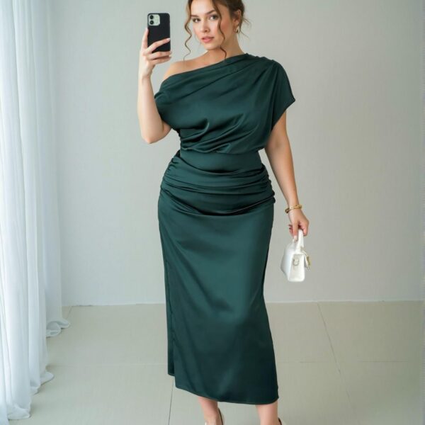 Elegant Dark Green Stylish Plus Size Satin Draped Neck Asymmetric Ruched Waist A-Line Midi Dress for Spring and Summer - Chic, Classy and Trendy Fashion Style to Dress to Impress