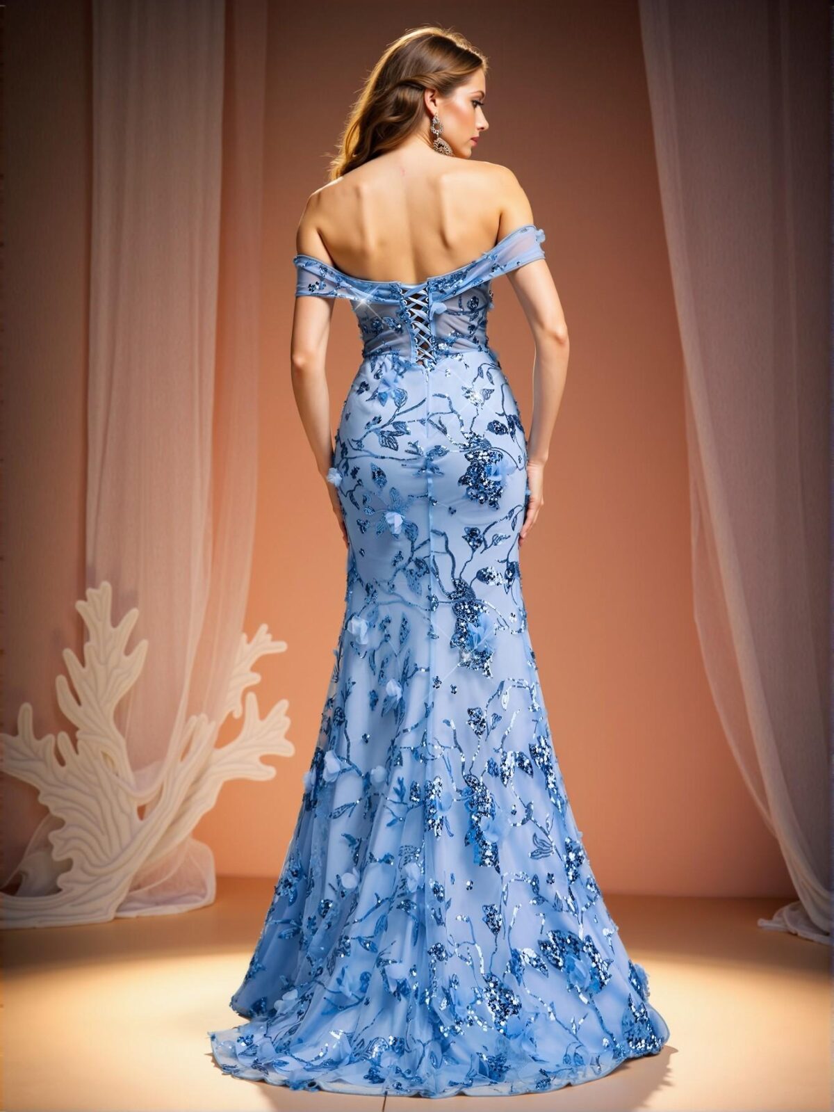 Elegant Baby Blue Luxurious Sequin 3D Floral Off Shoulder V-Neck Mesh Panel Fishtail Maxi Dress with Adjustable Tie Strap, Ideal for Formal Evening Events, Parties, and Weddings. Perfect for party, prom, graduation day, and ceremony for university, college, and high school, Formal Evening Dinner Cocktail, Wedding Guest Gown, Chic, Classy and Trendy Fashion Style to Dress to Impress. - Image 3