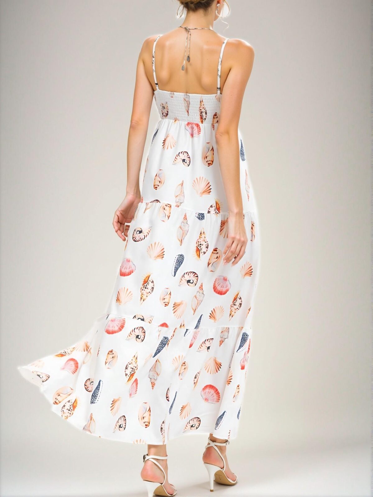 Elegant White Sleeveless Layered Shell & Seashell Print Pocket Dress for Spring and Summer - Chic, Classy and Trendy Fashion Style to Dress to Impress - Image 3