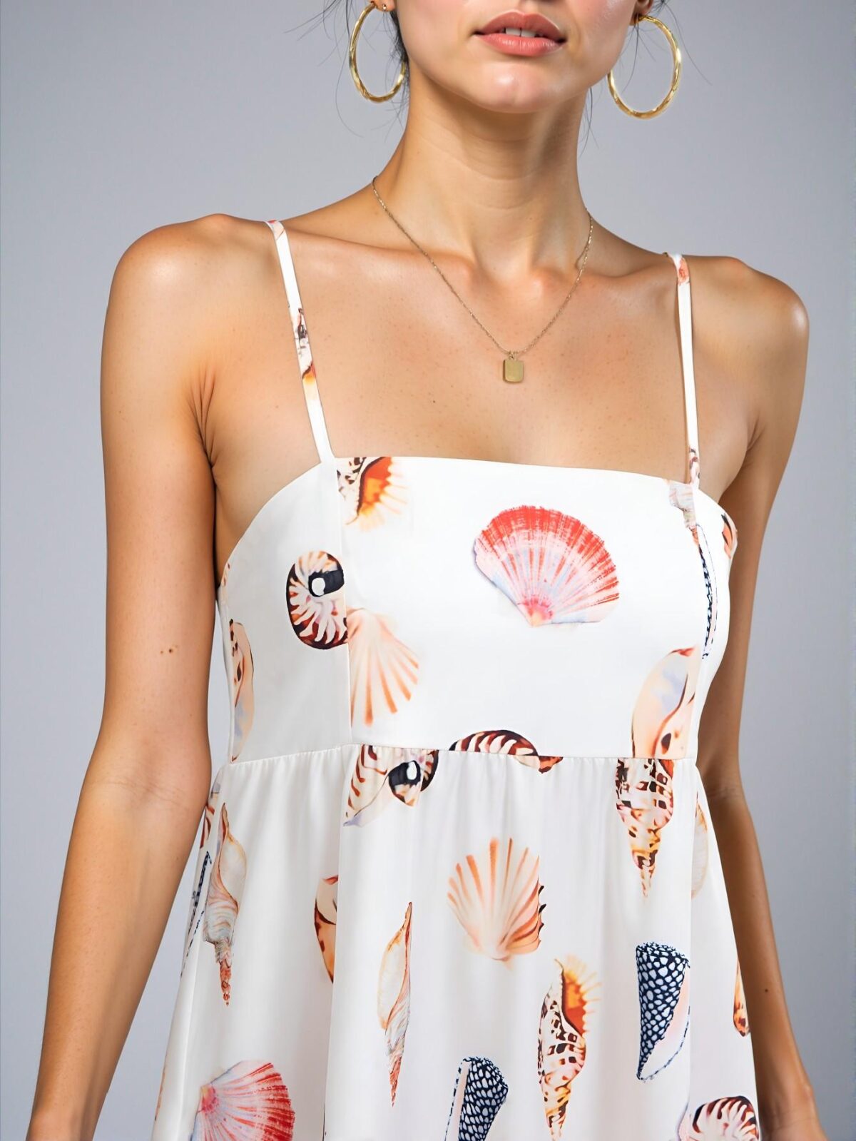 Elegant White Sleeveless Layered Shell & Seashell Print Pocket Dress for Spring and Summer - Chic, Classy and Trendy Fashion Style to Dress to Impress - Image 4