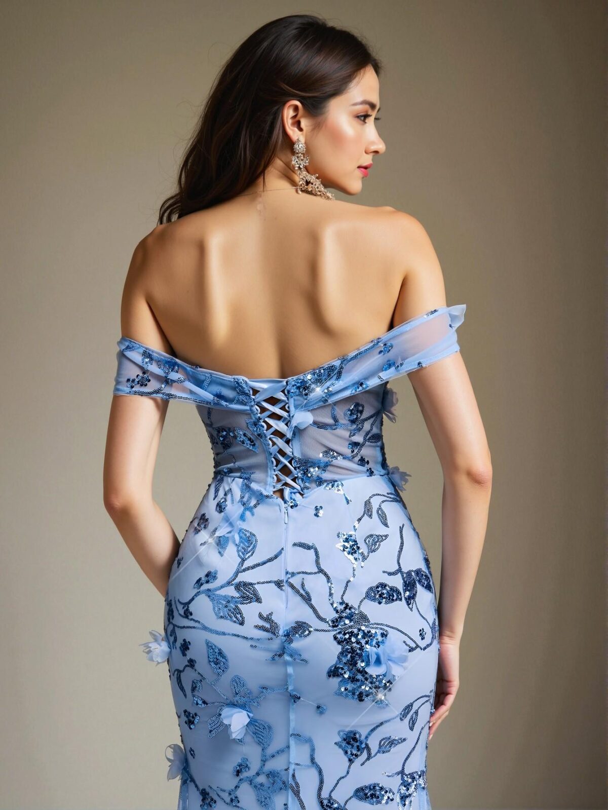 Elegant Baby Blue Luxurious Sequin 3D Floral Off Shoulder V-Neck Mesh Panel Fishtail Maxi Dress with Adjustable Tie Strap, Ideal for Formal Evening Events, Parties, and Weddings. Perfect for party, prom, graduation day, and ceremony for university, college, and high school, Formal Evening Dinner Cocktail, Wedding Guest Gown, Chic, Classy and Trendy Fashion Style to Dress to Impress. - Image 5
