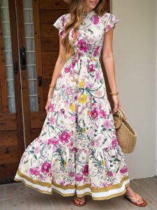 Elegant Multicolor Bohemian Floral Cap Sleeve Maxi Dress with Ruffle Hem Perfect for Spring and Summer "Chic, Classy and Trendy Fashion Style to Dress to Impress"