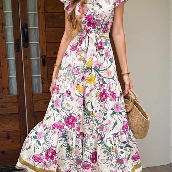 Elegant Multicolor Bohemian Floral Cap Sleeve Maxi Dress with Ruffle Hem Perfect for Spring and Summer "Chic, Classy and Trendy Fashion Style to Dress to Impress"