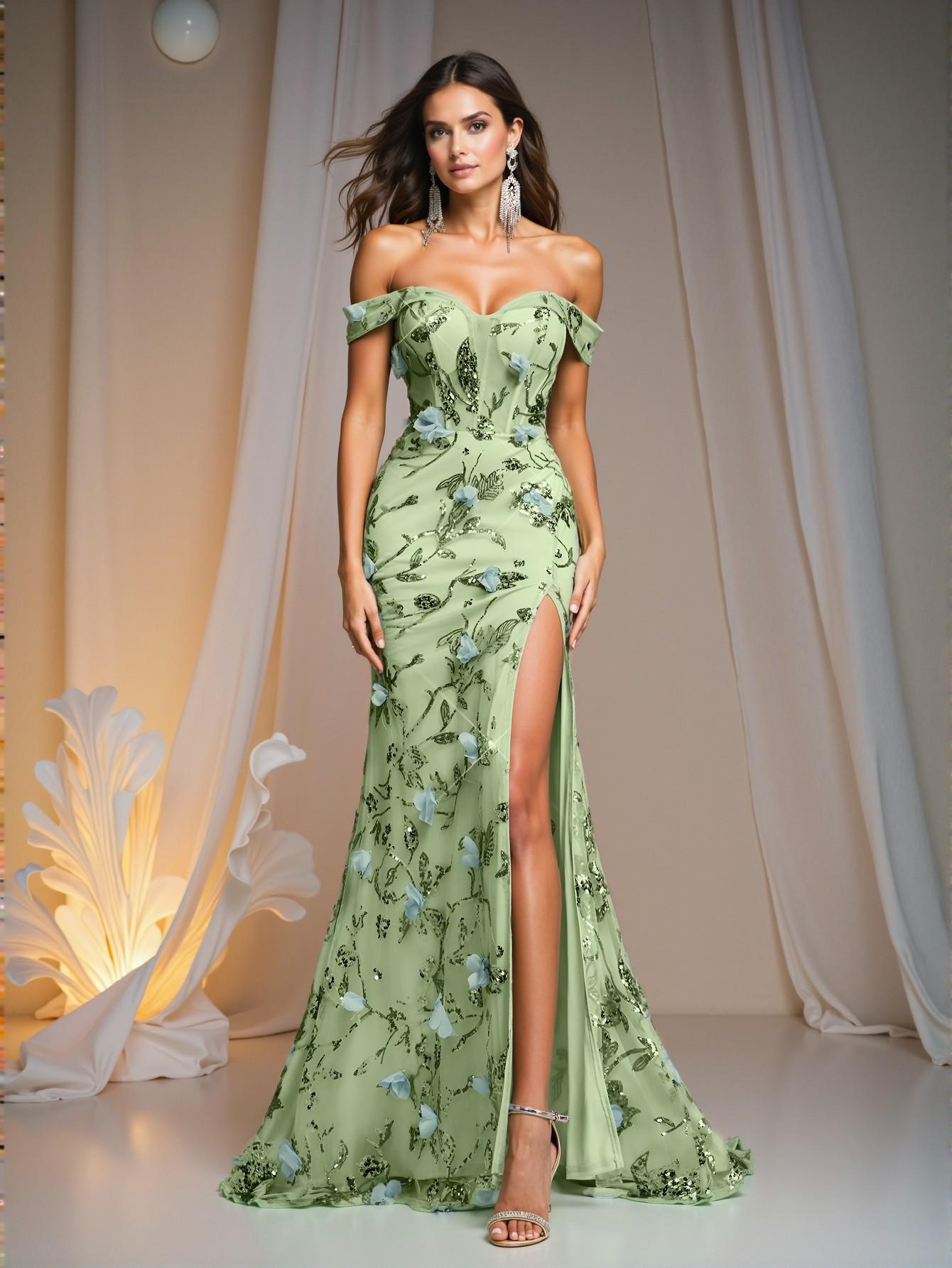 Elegant Mint Green Luxurious 3D Floral Sequin Off Shoulder V-Neck Mesh Gown with High Slit and Fishtail Train - Perfect for party, prom, graduation day, and ceremony for university, college, and high school, Formal Evening Dinner Cocktail, Wedding Guest Gown, Chic, Classy and Trendy Fashion Style to Dress to Impress.