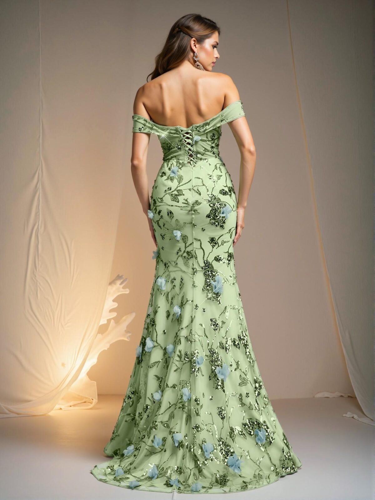 Elegant Mint Green Luxurious 3D Floral Sequin Off Shoulder V-Neck Mesh Gown with High Slit and Fishtail Train - Perfect for party, prom, graduation day, and ceremony for university, college, and high school, Formal Evening Dinner Cocktail, Wedding Guest Gown, Chic, Classy and Trendy Fashion Style to Dress to Impress. - Image 2