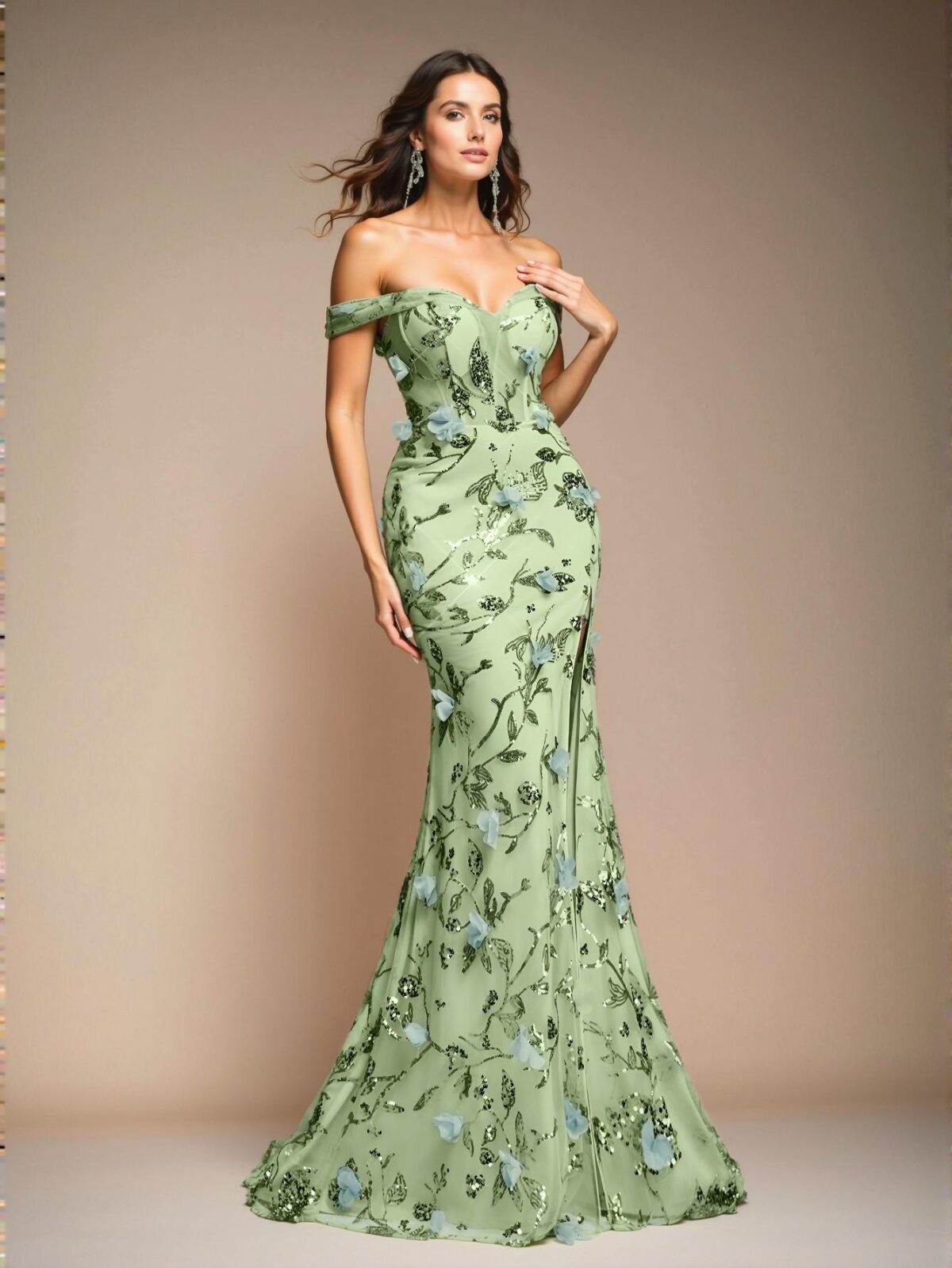 Elegant Mint Green Luxurious 3D Floral Sequin Off Shoulder V-Neck Mesh Gown with High Slit and Fishtail Train - Perfect for party, prom, graduation day, and ceremony for university, college, and high school, Formal Evening Dinner Cocktail, Wedding Guest Gown, Chic, Classy and Trendy Fashion Style to Dress to Impress. - Image 3