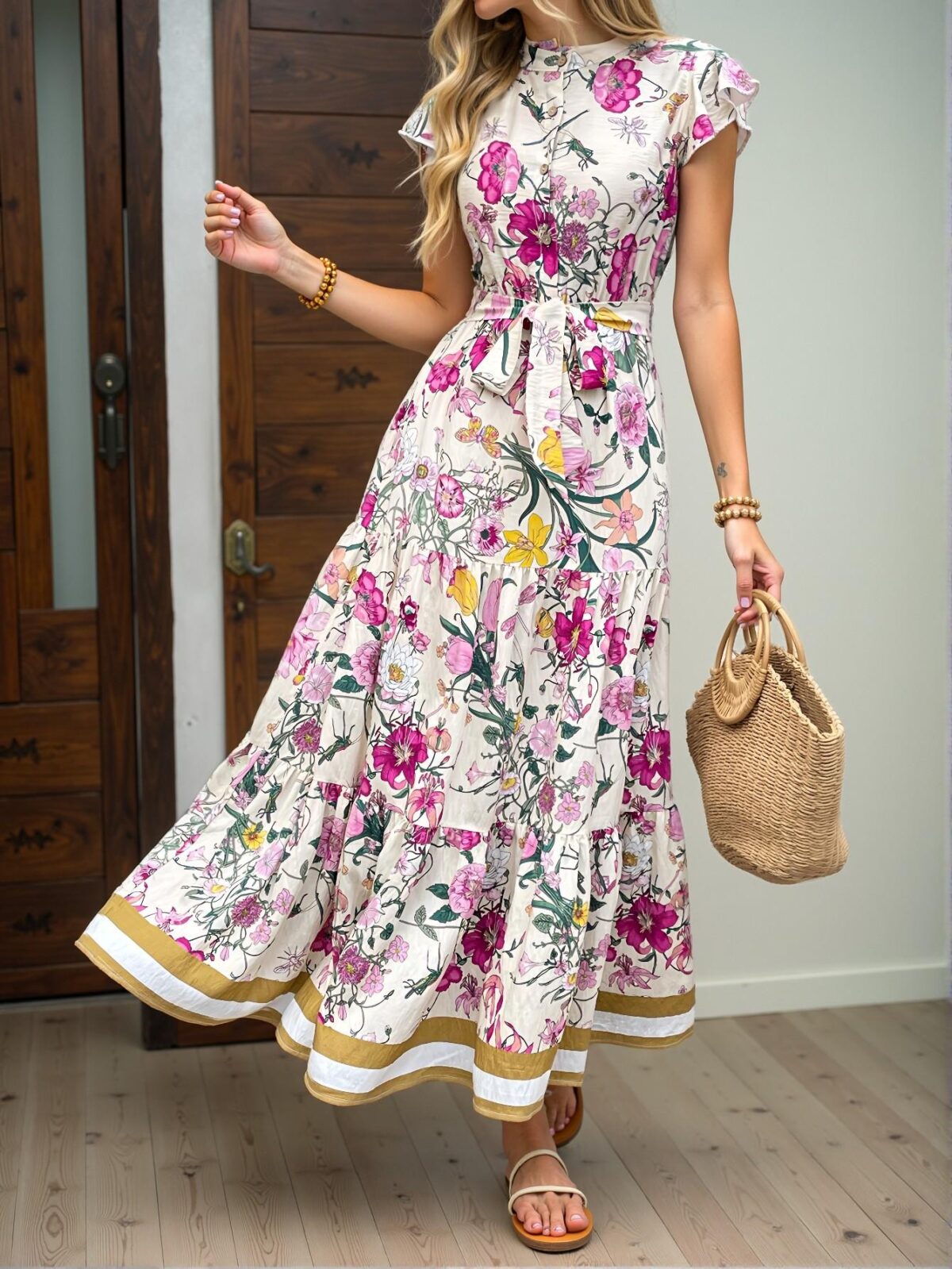 Elegant Multicolor Bohemian Floral Cap Sleeve Maxi Dress with Ruffle Hem Perfect for Spring and Summer "Chic, Classy and Trendy Fashion Style to Dress to Impress" - Image 5