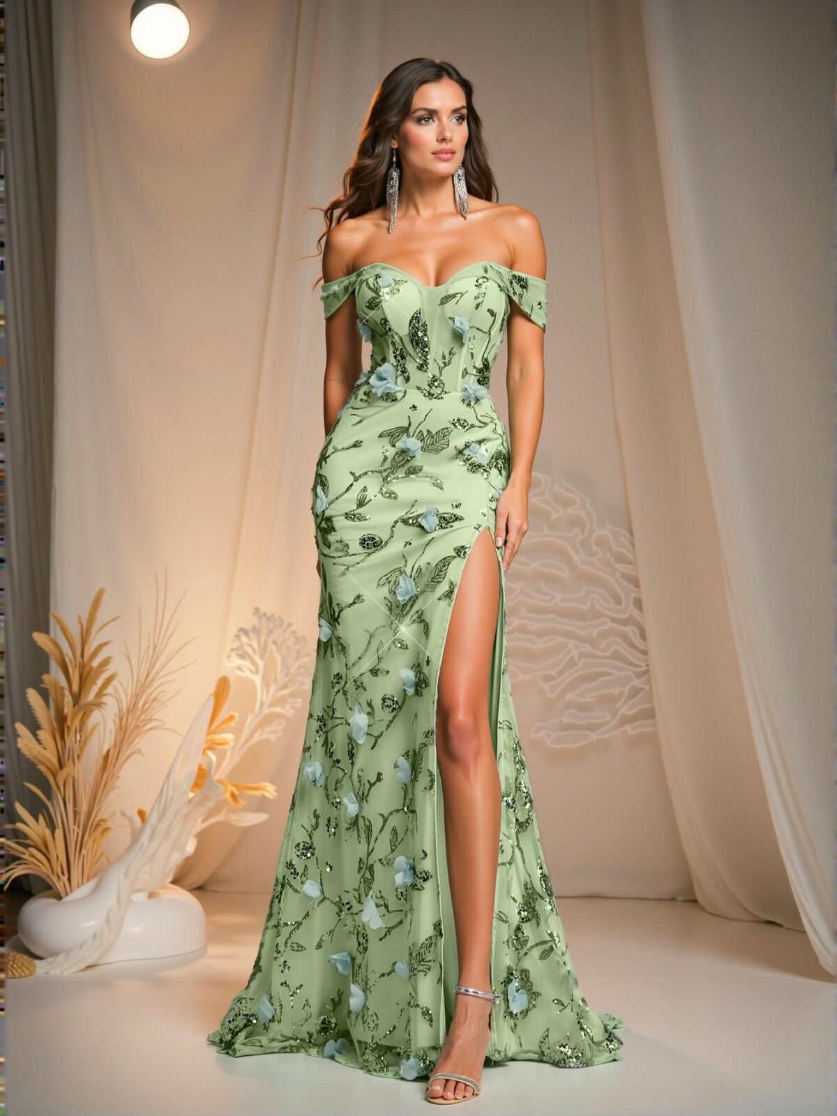 Elegant Mint Green Luxurious 3D Floral Sequin Off Shoulder V-Neck Mesh Gown with High Slit and Fishtail Train - Perfect for party, prom, graduation day, and ceremony for university, college, and high school, Formal Evening Dinner Cocktail, Wedding Guest Gown, Chic, Classy and Trendy Fashion Style to Dress to Impress. - Image 5