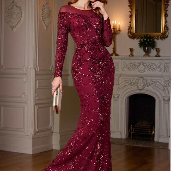 Elegant Burgundy Sequined Mesh Fishtail Dress, Ideal for Wedding Guests, Formal Gatherings, and Evening Events - Perfect for party, prom, graduation day, and ceremony for university, college, and high school, Formal Evening Dinner Cocktail, Wedding Guest Gown, Chic, Classy and Trendy Fashion Style to Dress to Impress