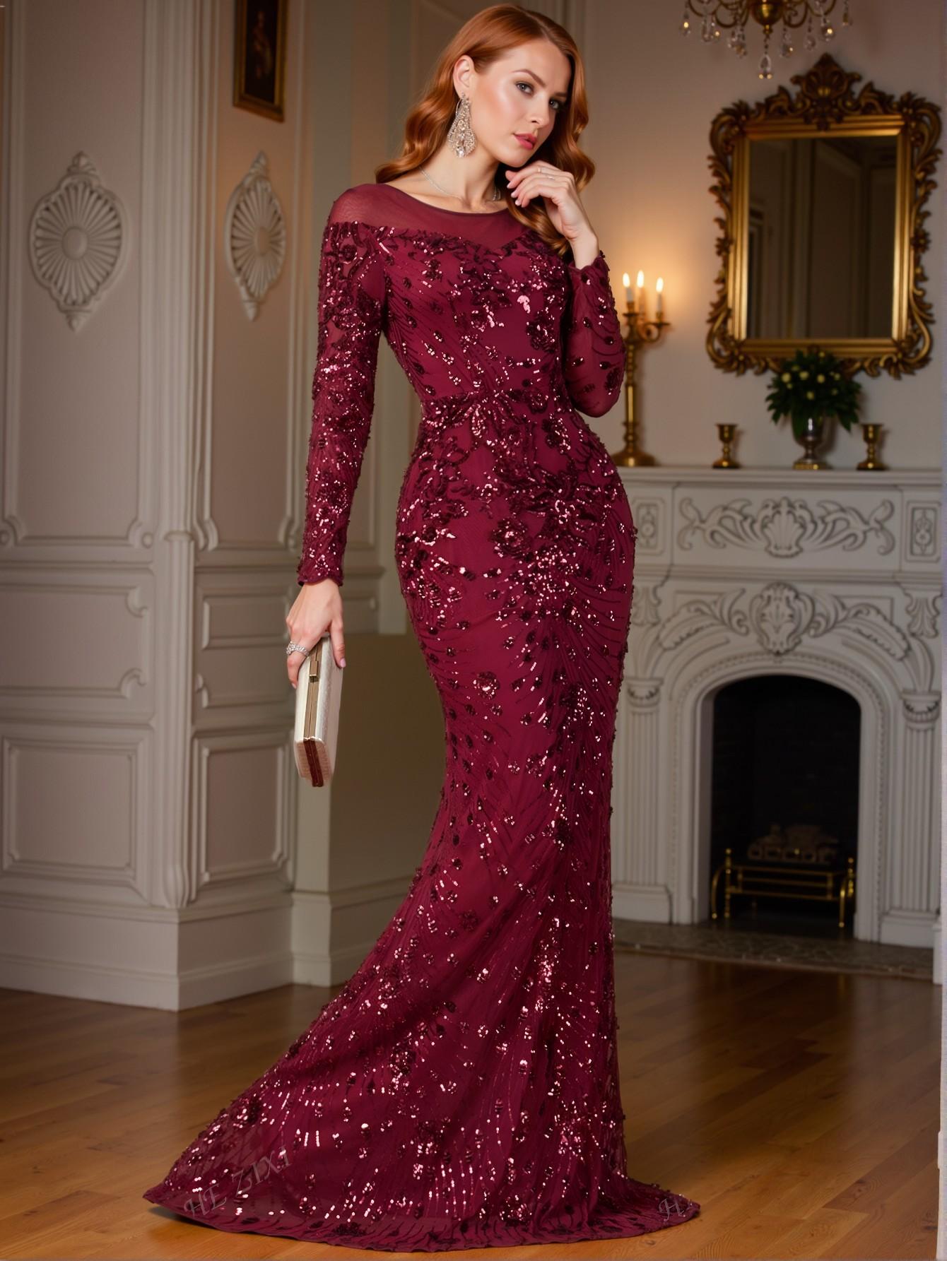Elegant Burgundy Sequined Mesh Fishtail Dress, Ideal for Wedding Guests, Formal Gatherings, and Evening Events - Perfect for party, prom, graduation day, and ceremony for university, college, and high school, Formal Evening Dinner Cocktail, Wedding Guest Gown, Chic, Classy and Trendy Fashion Style to Dress to Impress
