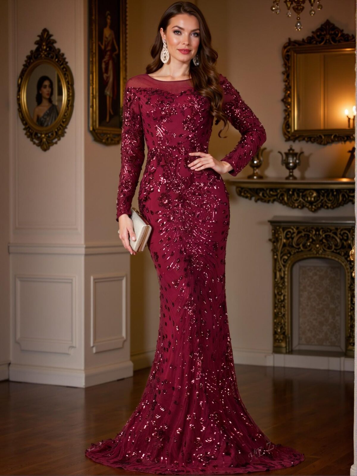 Elegant Burgundy Sequined Mesh Fishtail Dress, Ideal for Wedding Guests, Formal Gatherings, and Evening Events - Perfect for party, prom, graduation day, and ceremony for university, college, and high school, Formal Evening Dinner Cocktail, Wedding Guest Gown, Chic, Classy and Trendy Fashion Style to Dress to Impress - Image 2