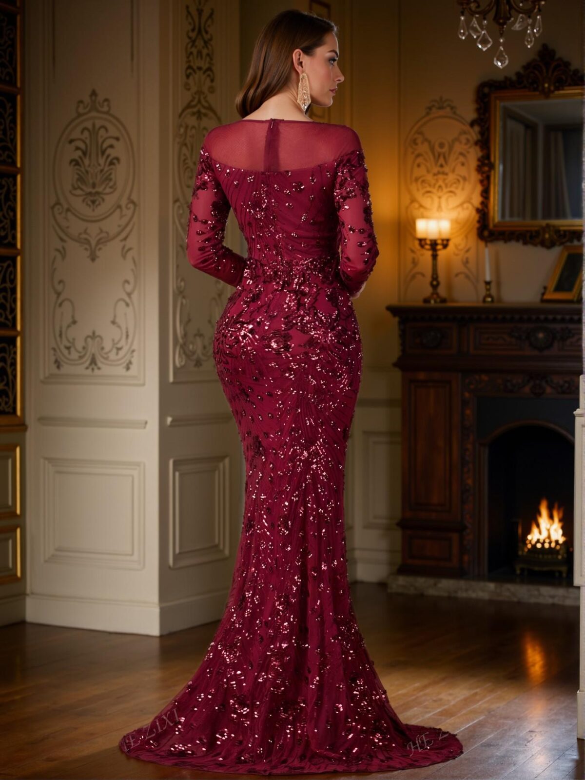Elegant Burgundy Sequined Mesh Fishtail Dress, Ideal for Wedding Guests, Formal Gatherings, and Evening Events - Perfect for party, prom, graduation day, and ceremony for university, college, and high school, Formal Evening Dinner Cocktail, Wedding Guest Gown, Chic, Classy and Trendy Fashion Style to Dress to Impress - Image 3