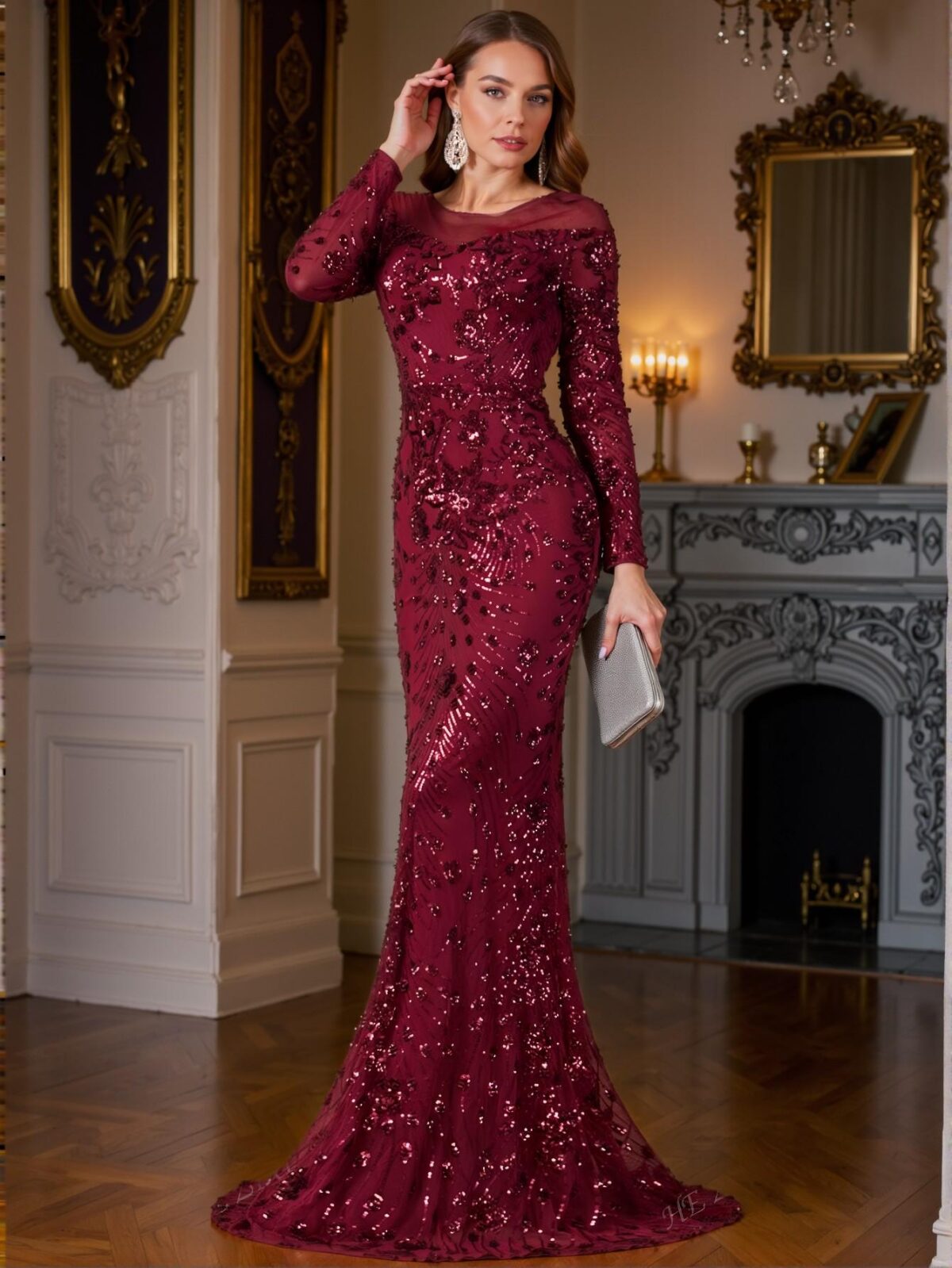 Elegant Burgundy Sequined Mesh Fishtail Dress, Ideal for Wedding Guests, Formal Gatherings, and Evening Events - Perfect for party, prom, graduation day, and ceremony for university, college, and high school, Formal Evening Dinner Cocktail, Wedding Guest Gown, Chic, Classy and Trendy Fashion Style to Dress to Impress - Image 4
