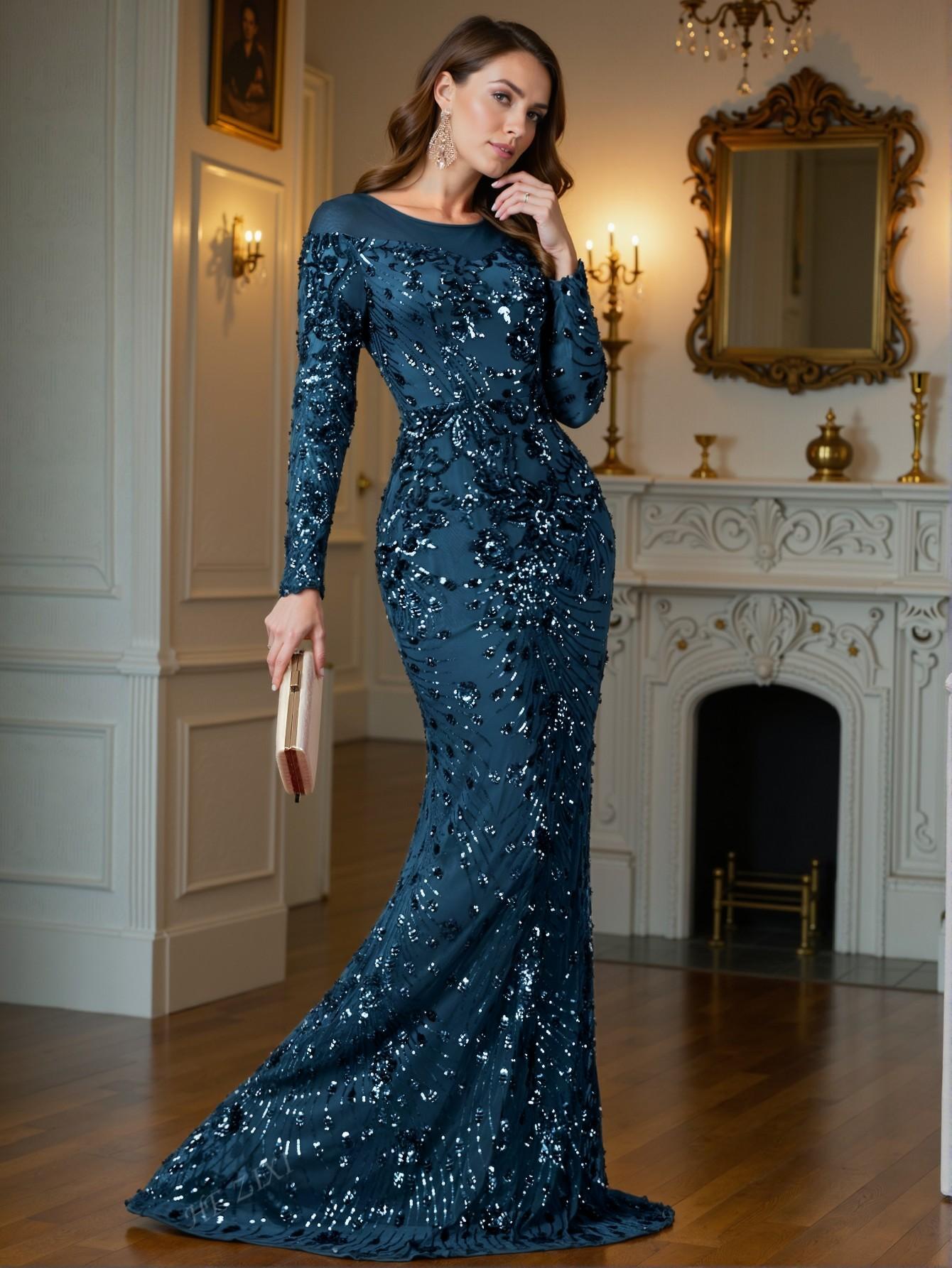 Elegant Teal Blue Long Sleeve Bodycon Maxi Dress with Rhinestone Embellishments, Ideal for Wedding Guests and Formal Events, Chic and Classy Fashion Choice to Impress at Parties, Prom, Graduation Day, and Ceremony for University, College, and High School, Formal Evening Dinner Cocktail, Wedding Guest Gown, Trendy Style