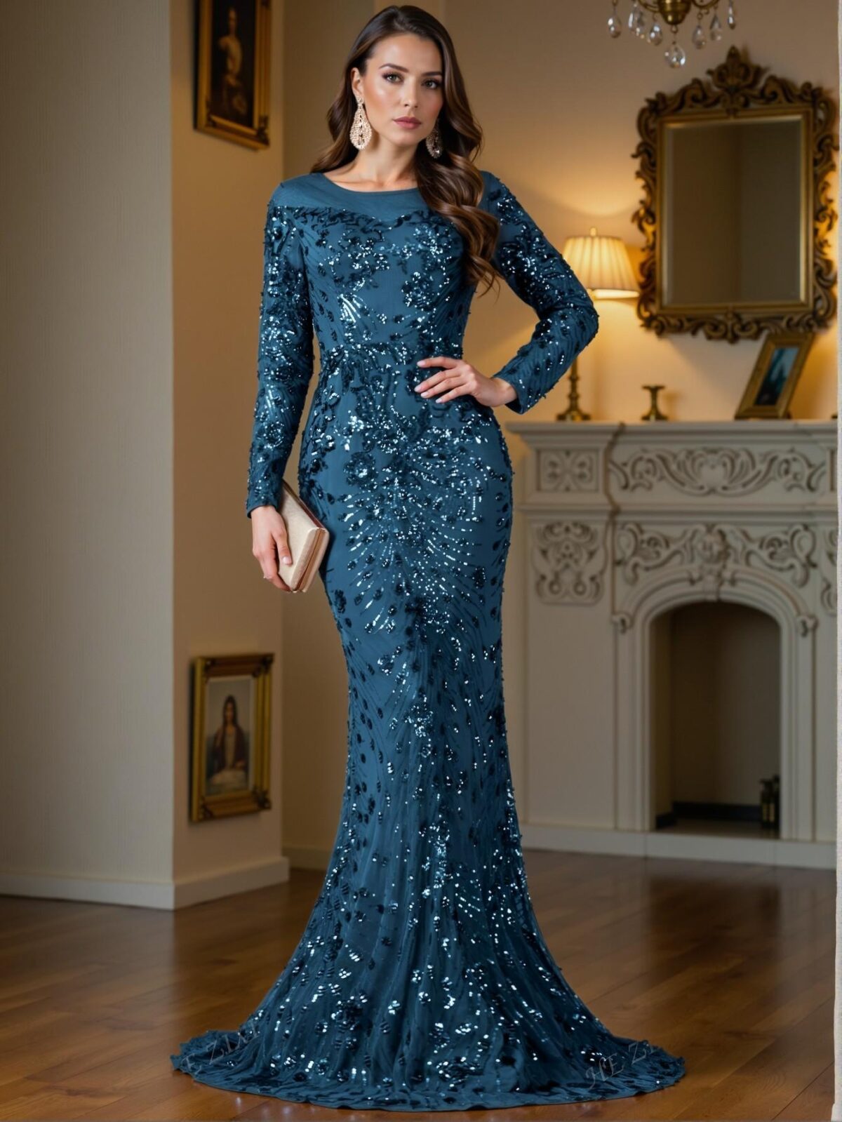 Elegant Teal Blue Long Sleeve Bodycon Maxi Dress with Rhinestone Embellishments, Ideal for Wedding Guests and Formal Events, Chic and Classy Fashion Choice to Impress at Parties, Prom, Graduation Day, and Ceremony for University, College, and High School, Formal Evening Dinner Cocktail, Wedding Guest Gown, Trendy Style - Image 2