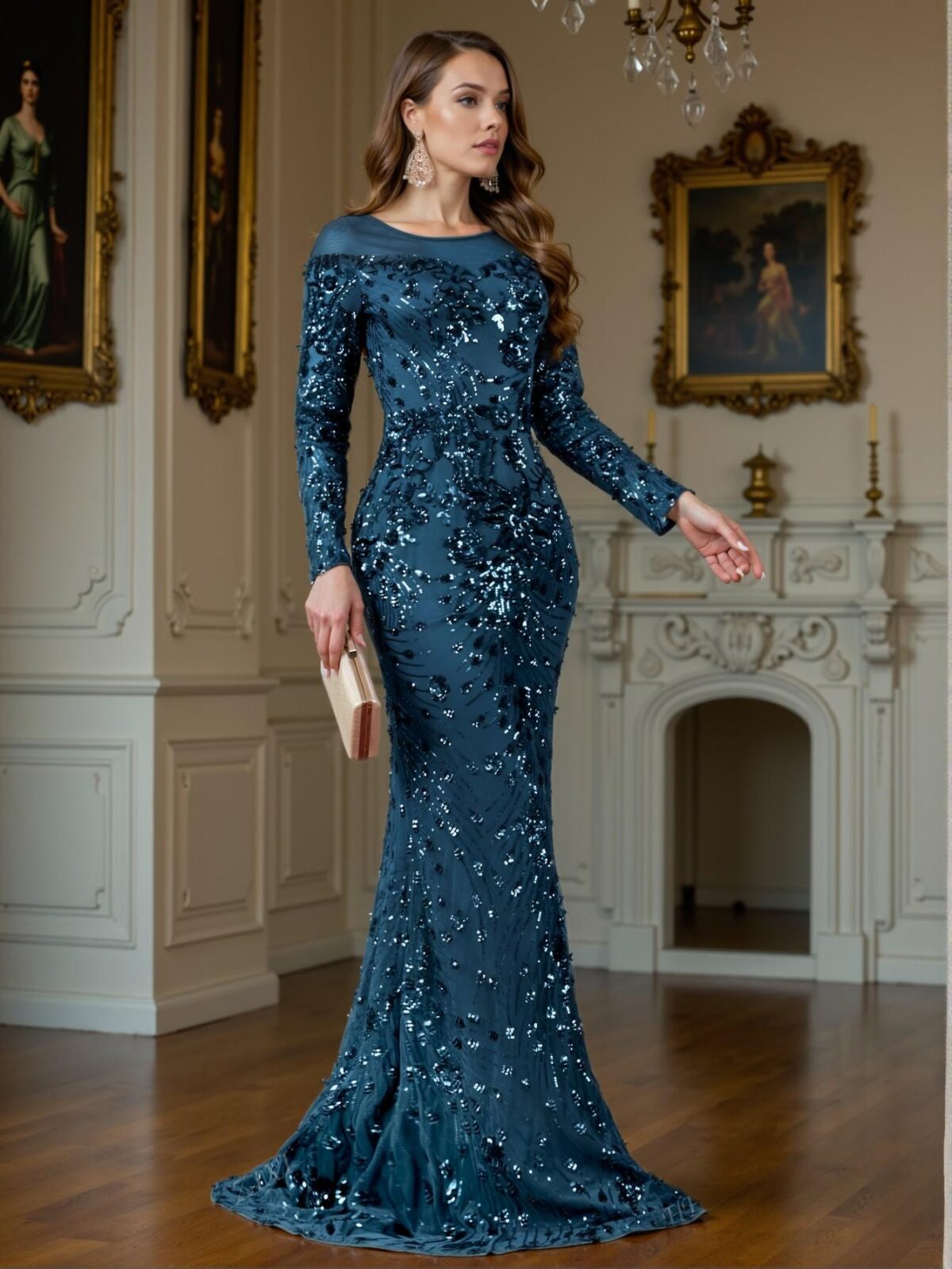 Elegant Teal Blue Long Sleeve Bodycon Maxi Dress with Rhinestone Embellishments, Ideal for Wedding Guests and Formal Events, Chic and Classy Fashion Choice to Impress at Parties, Prom, Graduation Day, and Ceremony for University, College, and High School, Formal Evening Dinner Cocktail, Wedding Guest Gown, Trendy Style - Image 3
