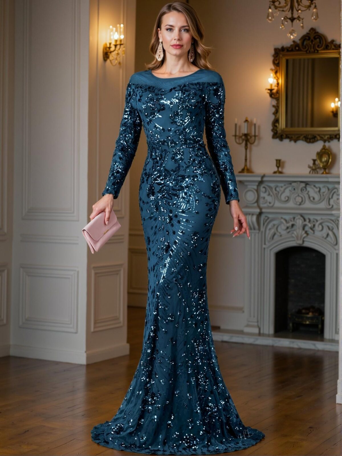 Elegant Teal Blue Long Sleeve Bodycon Maxi Dress with Rhinestone Embellishments, Ideal for Wedding Guests and Formal Events, Chic and Classy Fashion Choice to Impress at Parties, Prom, Graduation Day, and Ceremony for University, College, and High School, Formal Evening Dinner Cocktail, Wedding Guest Gown, Trendy Style - Image 4