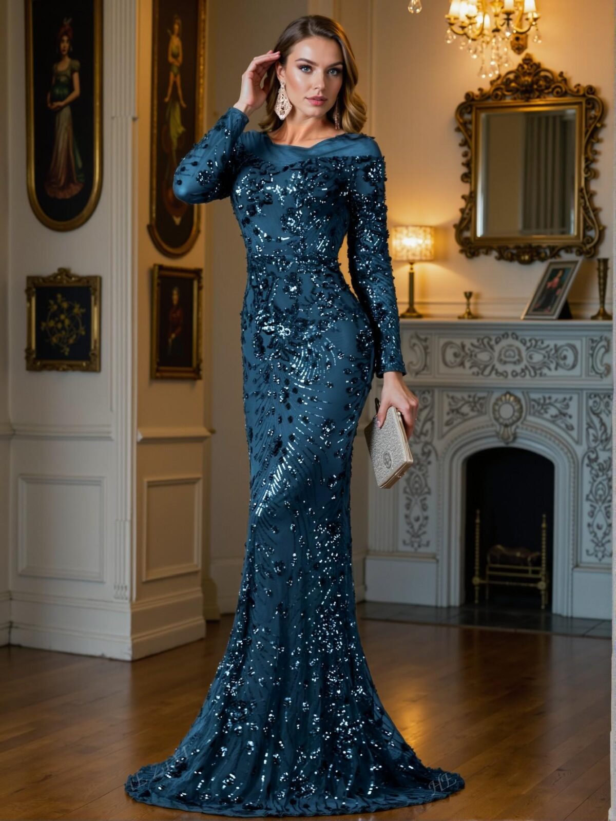 Elegant Teal Blue Long Sleeve Bodycon Maxi Dress with Rhinestone Embellishments, Ideal for Wedding Guests and Formal Events, Chic and Classy Fashion Choice to Impress at Parties, Prom, Graduation Day, and Ceremony for University, College, and High School, Formal Evening Dinner Cocktail, Wedding Guest Gown, Trendy Style - Image 5