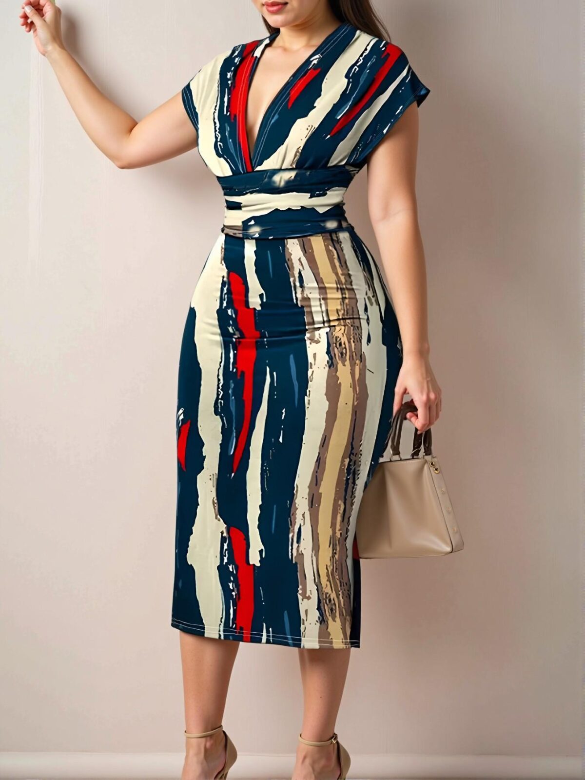 Elegant Multicolor Asymmetrical Printed Midi Dress with Elastic Waist, Deep V-Neck, and Hip Package Design for Spring and Summer – Chic, Classy and Trendy Fashion Style to Dress to Impress