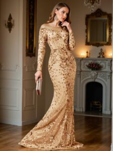 Elegant Champagne Mermaid Sequin Formal Evening Gown, Perfect for party, prom, graduation day, and ceremony for university, college, and high school, Formal Evening Dinner Cocktail, Wedding Guest Gown, Chic, Classy and Trendy Fashion Style to Dress to Impress.
