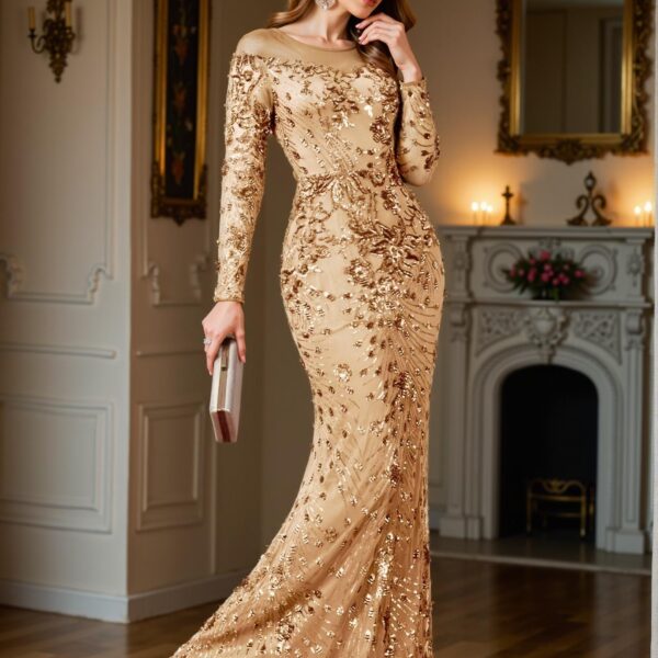 Elegant Champagne Mermaid Sequin Formal Evening Gown, Perfect for party, prom, graduation day, and ceremony for university, college, and high school, Formal Evening Dinner Cocktail, Wedding Guest Gown, Chic, Classy and Trendy Fashion Style to Dress to Impress.