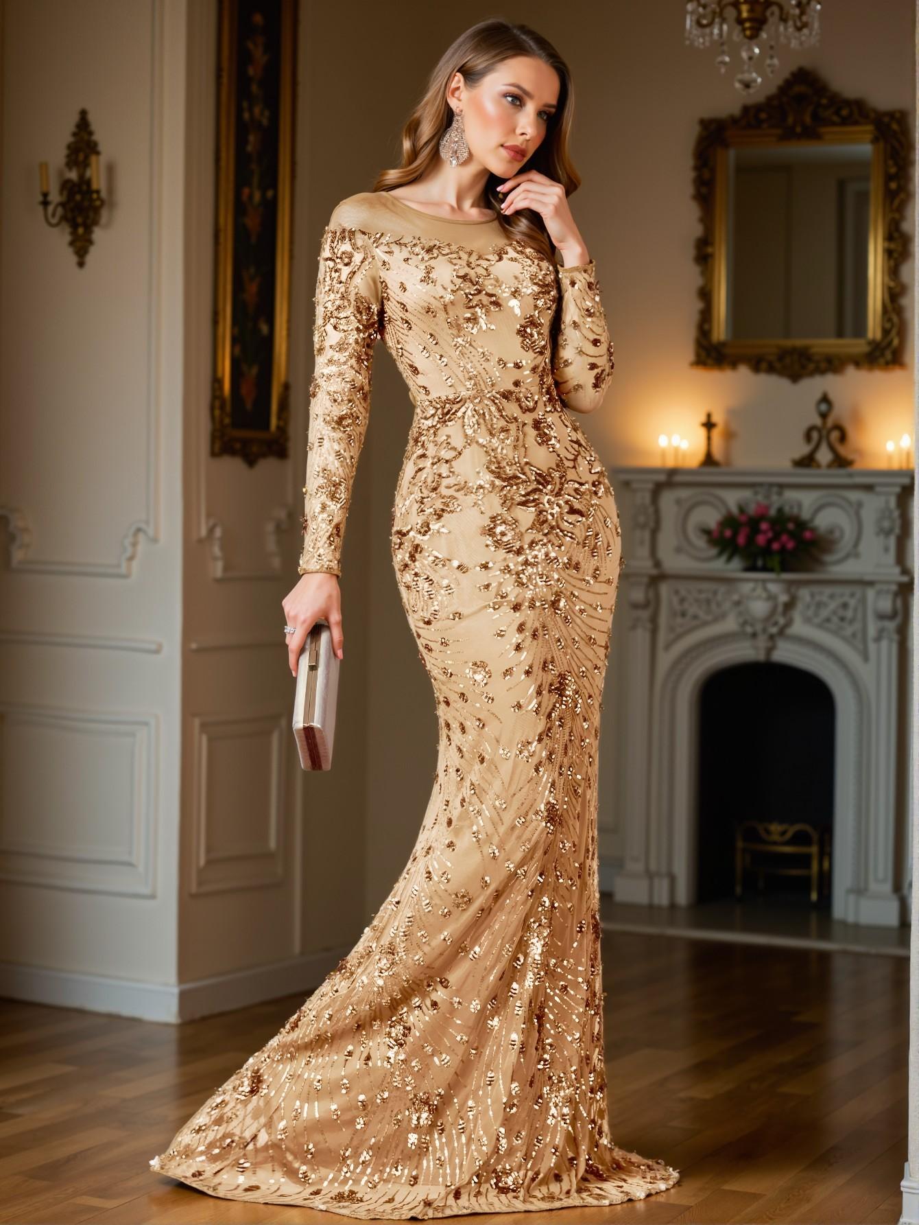 Elegant Champagne Mermaid Sequin Formal Evening Gown, Perfect for party, prom, graduation day, and ceremony for university, college, and high school, Formal Evening Dinner Cocktail, Wedding Guest Gown, Chic, Classy and Trendy Fashion Style to Dress to Impress.
