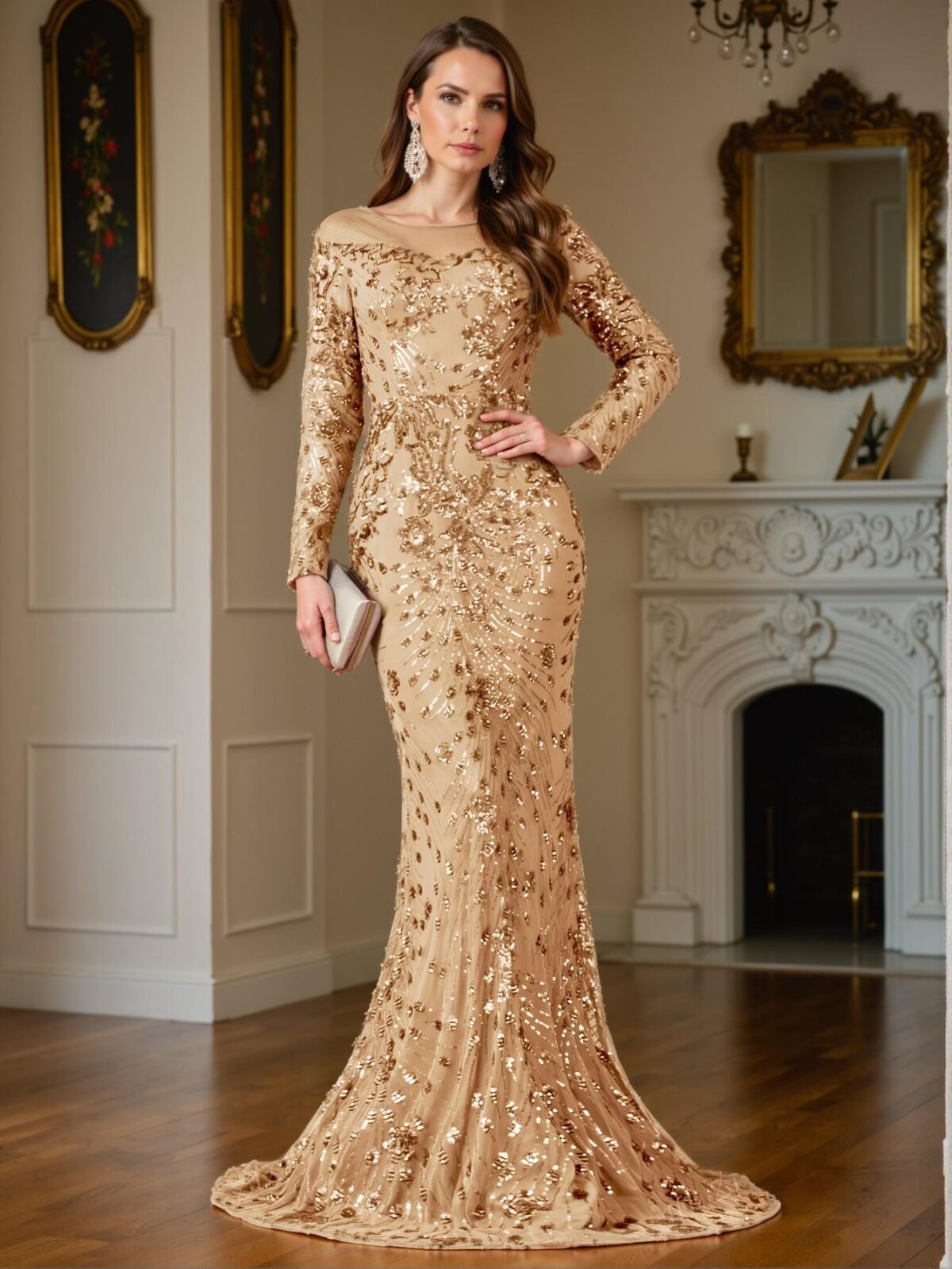 Elegant Champagne Mermaid Sequin Formal Evening Gown, Perfect for party, prom, graduation day, and ceremony for university, college, and high school, Formal Evening Dinner Cocktail, Wedding Guest Gown, Chic, Classy and Trendy Fashion Style to Dress to Impress. - Image 2