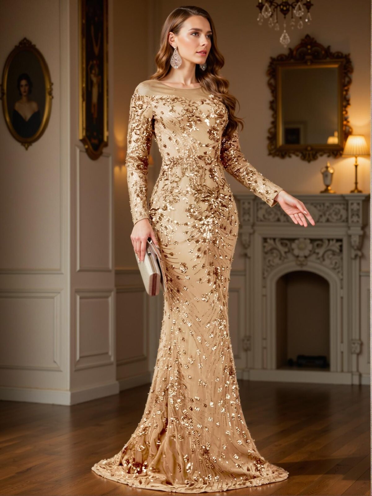 Elegant Champagne Mermaid Sequin Formal Evening Gown, Perfect for party, prom, graduation day, and ceremony for university, college, and high school, Formal Evening Dinner Cocktail, Wedding Guest Gown, Chic, Classy and Trendy Fashion Style to Dress to Impress. - Image 3