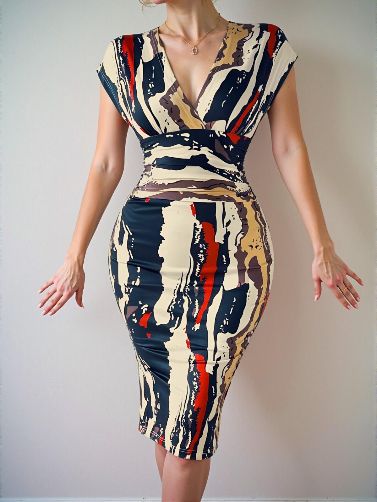 Elegant Multicolor Asymmetrical Printed Midi Dress with Elastic Waist, Deep V-Neck, and Hip Package Design for Spring and Summer – Chic, Classy and Trendy Fashion Style to Dress to Impress - Image 4