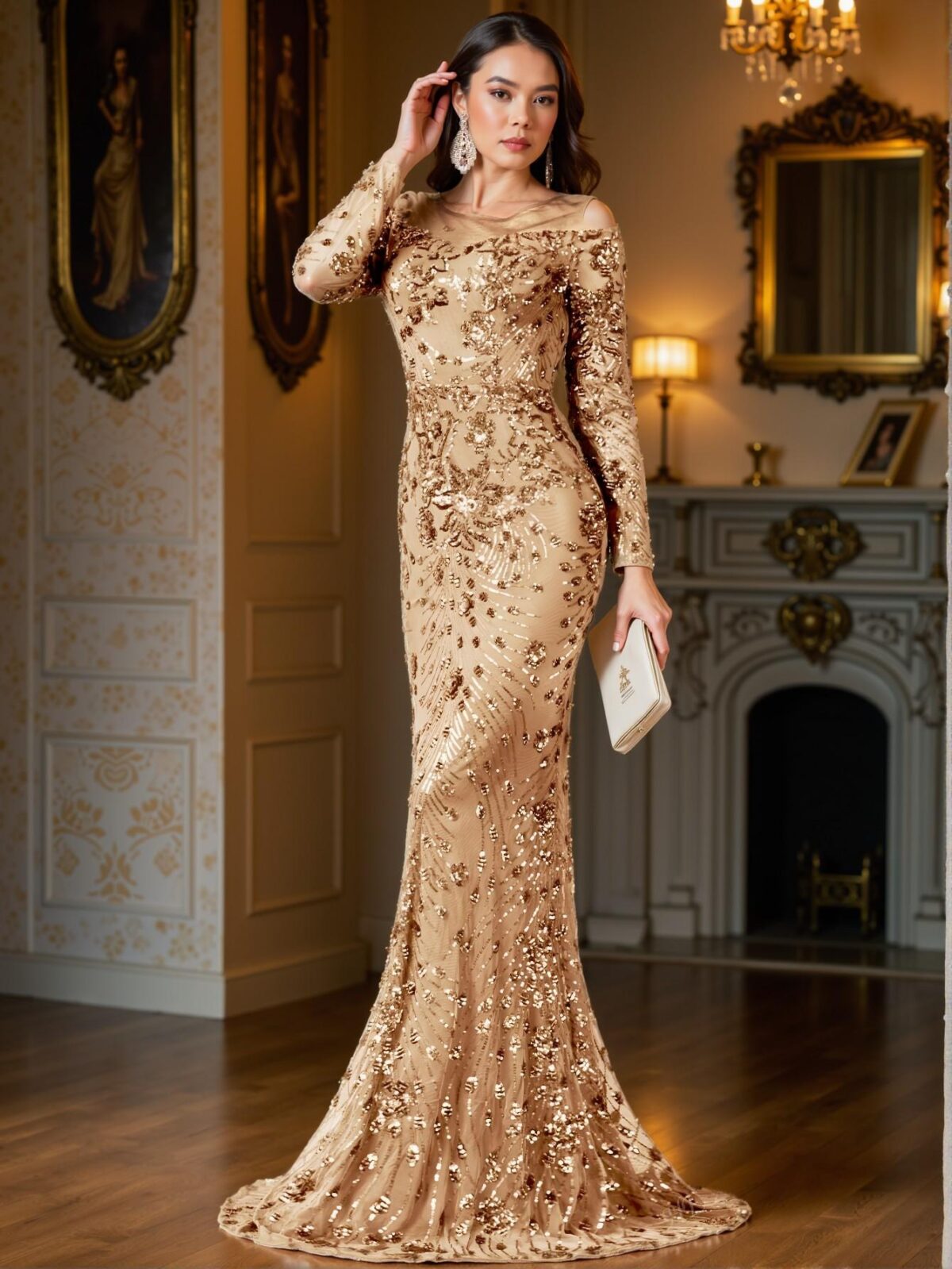Elegant Champagne Mermaid Sequin Formal Evening Gown, Perfect for party, prom, graduation day, and ceremony for university, college, and high school, Formal Evening Dinner Cocktail, Wedding Guest Gown, Chic, Classy and Trendy Fashion Style to Dress to Impress. - Image 5